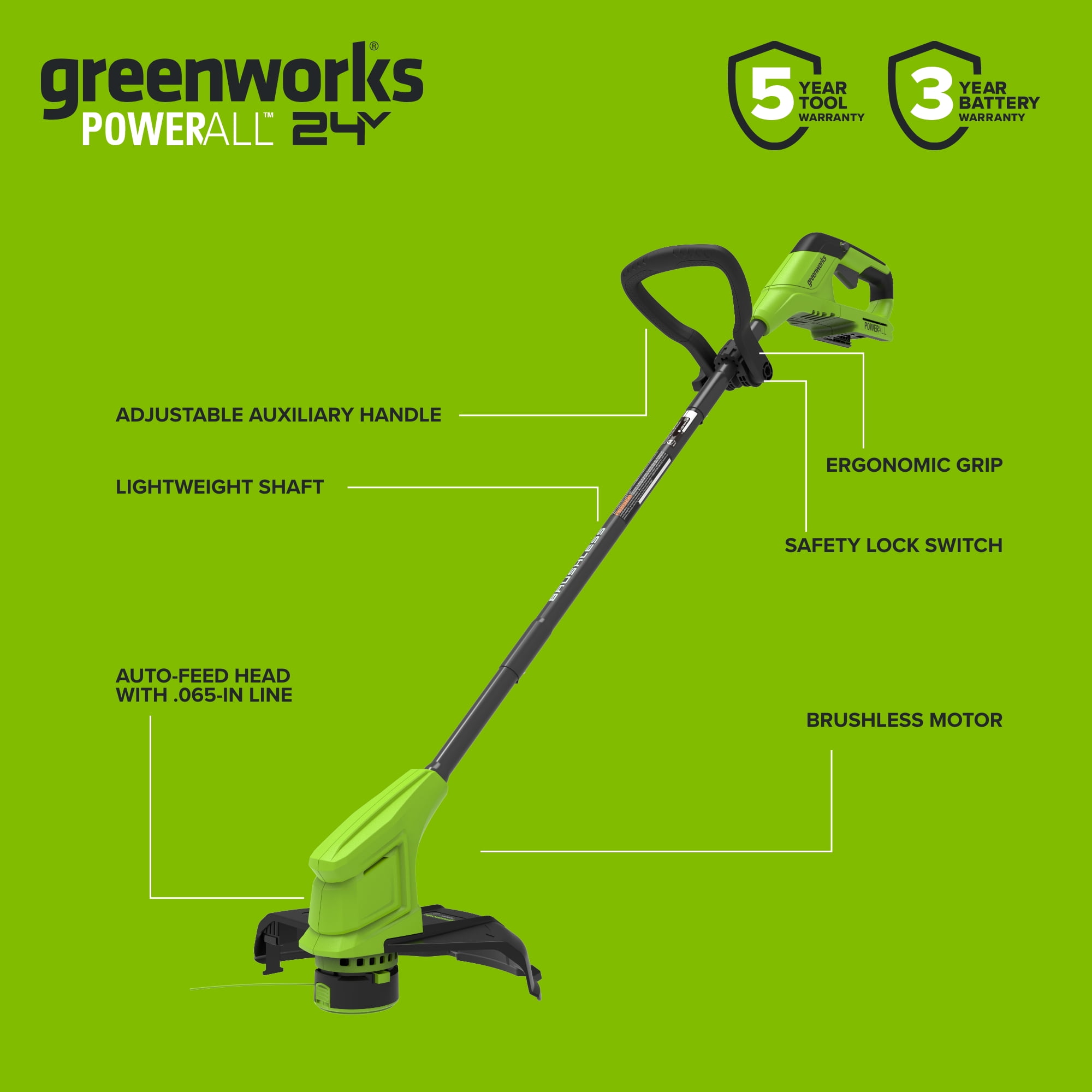 Greenworks 24V 12 in Cordless String Trimmer with 3.0 Ah Battery and Charger (Green, 12 in) 5rty9