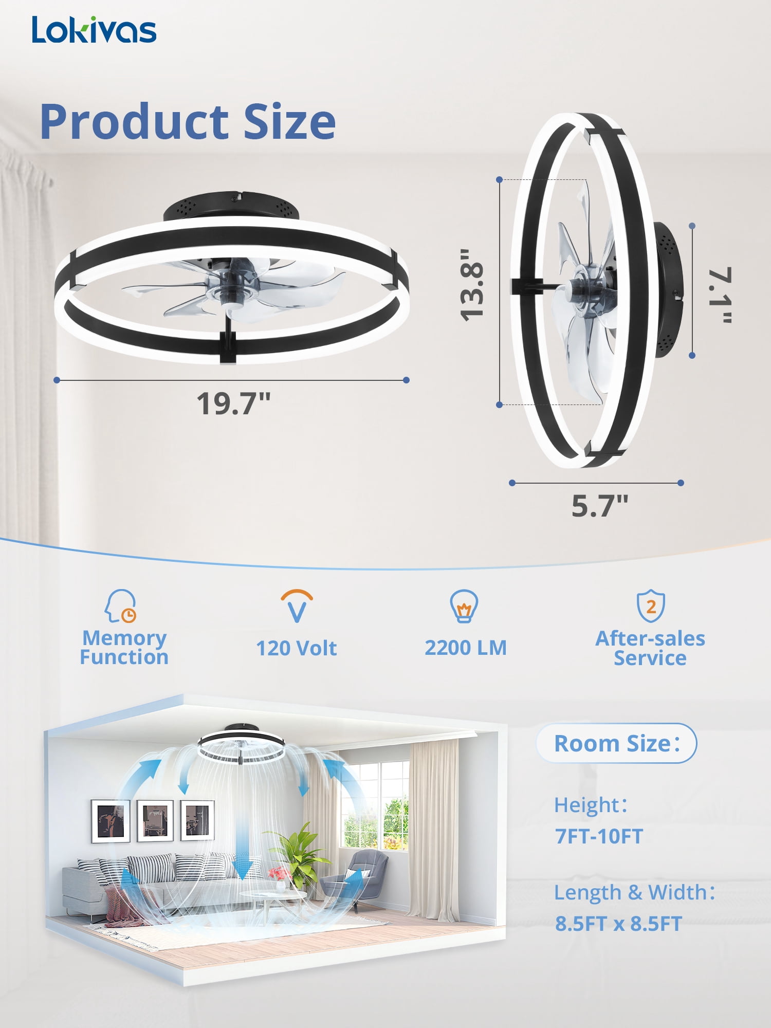 Lokivas 20 in Modern Ceiling Fan with Light, Flush Mount, Dimmable LED, 6-Speed Quiet DC Motor, App and Remote Control (Black, 20 in) z63zs
