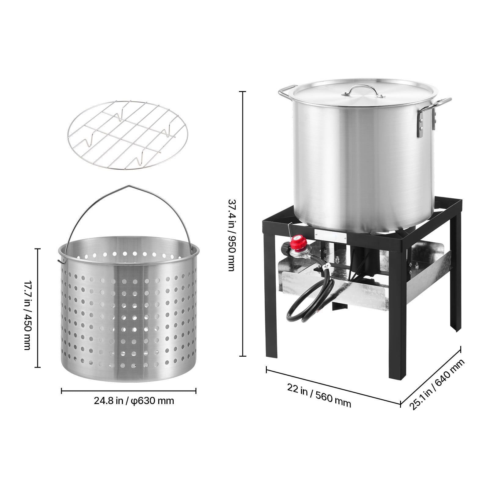 KFFKFF 100 Qt Seafood Boiling Pot Set with Propane Burner and Steam Grid (Silver, 100 Qt) 8hb2g