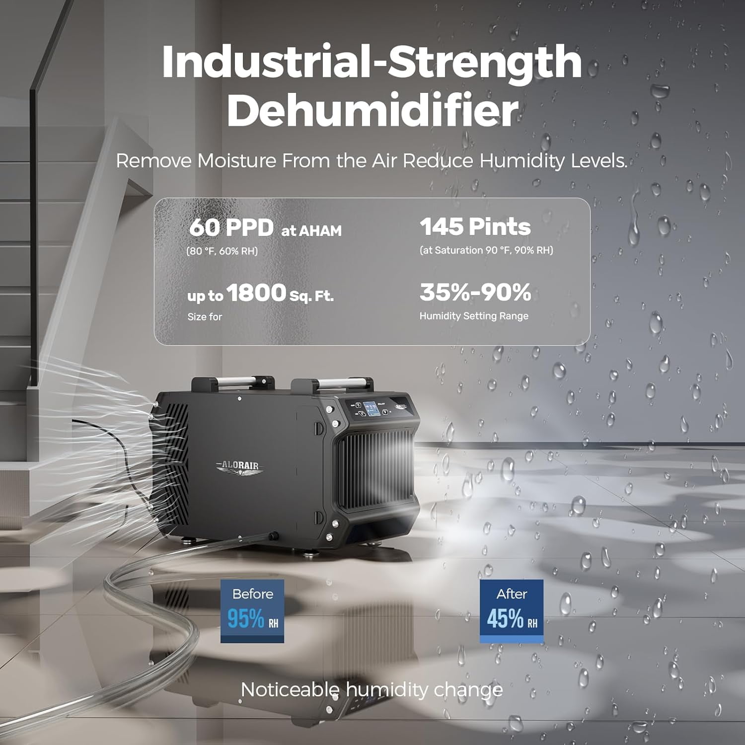 AlorAir Commercial Dehumidifier for Basements and Crawl Spaces (Black, 145 Pint, 1,800 Sq. Ft.) 4q6h8
