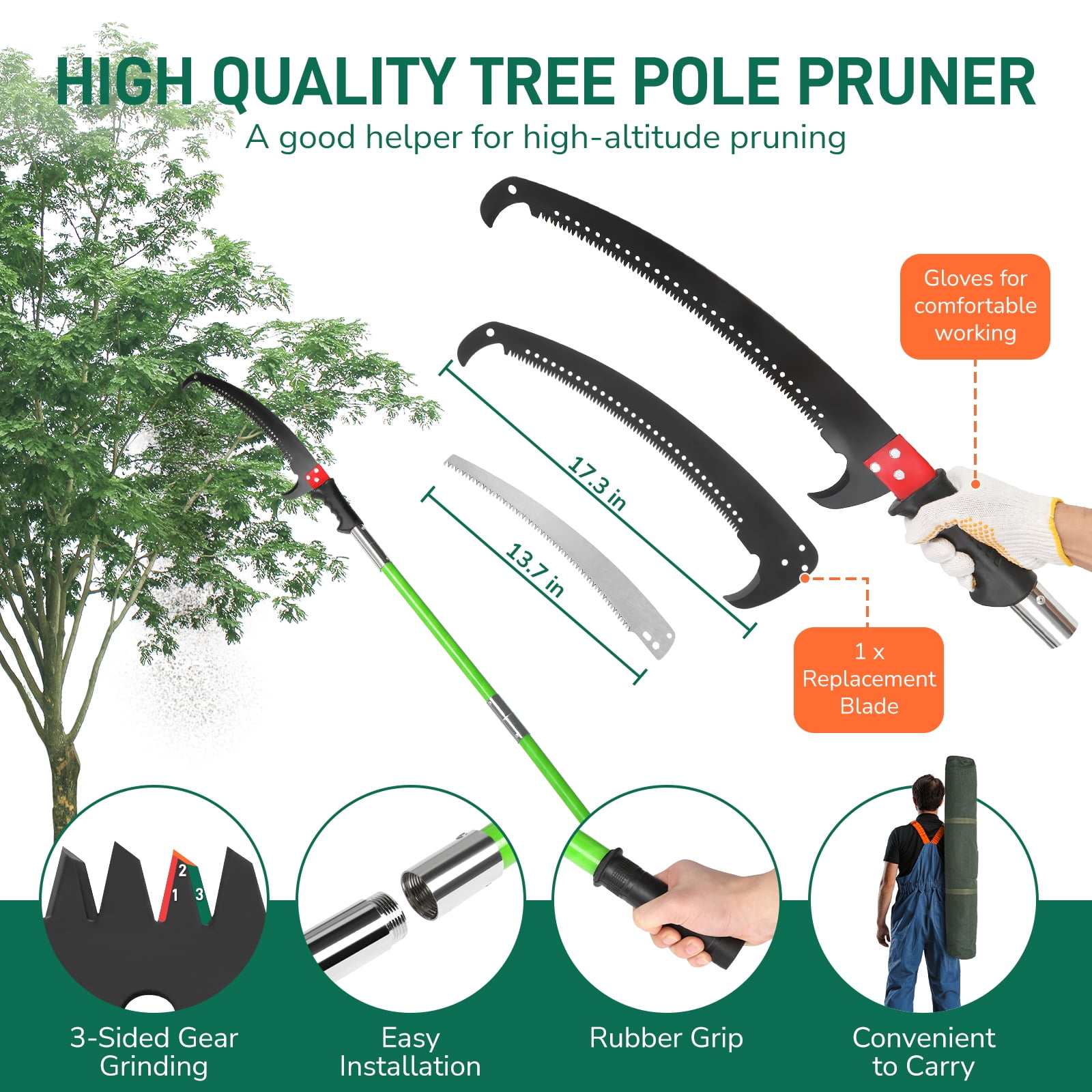UBesGoo 24ft Extendable Pole Saw, Manual Tree Trimmer with Fiberglass Poles and Alloy Steel Blades (Green, 24 ft) 9rbc5