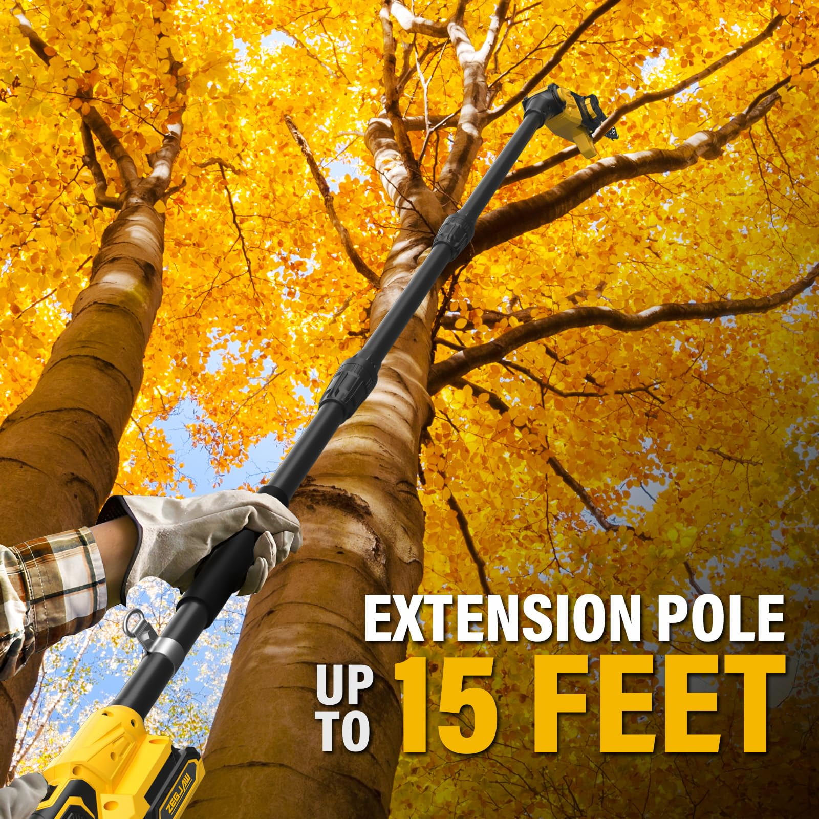ZEGJAW Cordless Pole Saw for Tree Trimming, Electric Pruning Saw with 8 in Bar, 15 ft Max Reach (Black, 20V Battery & Charger Kit) mm5vz