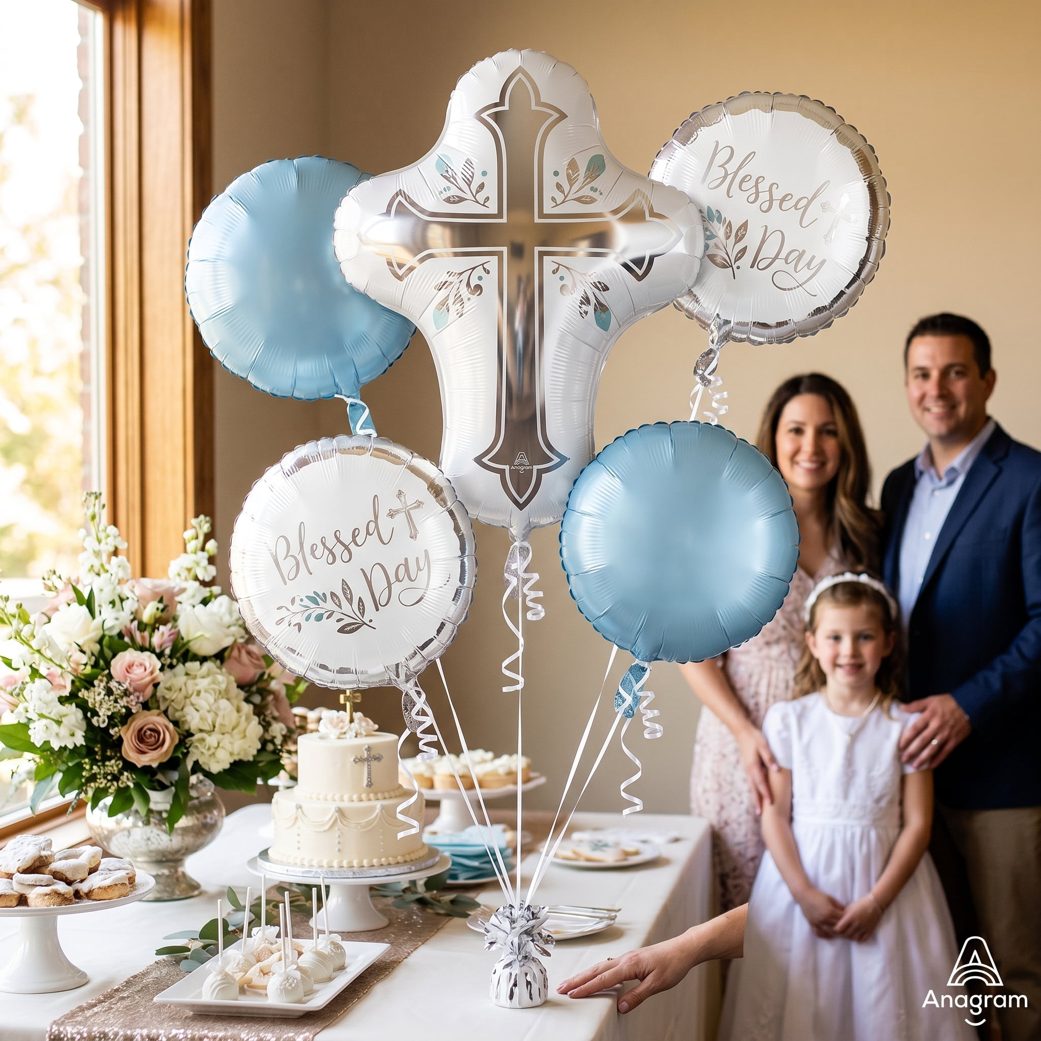 Anagram First Communion Balloon Bouquet (Blue and Silver, 5 Piece Set) 0lapm