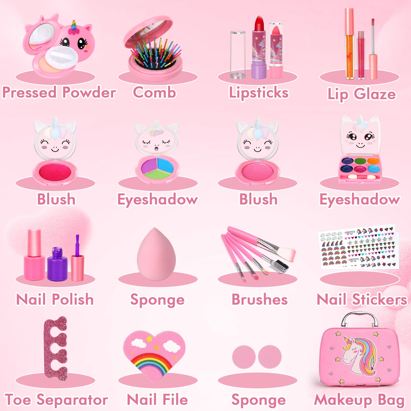 Sendida Kids Makeup Kit for Girls, Washable Princess Cosmetic Set with Unicorn Case (Pink, 26-Piece Set) jq0b0