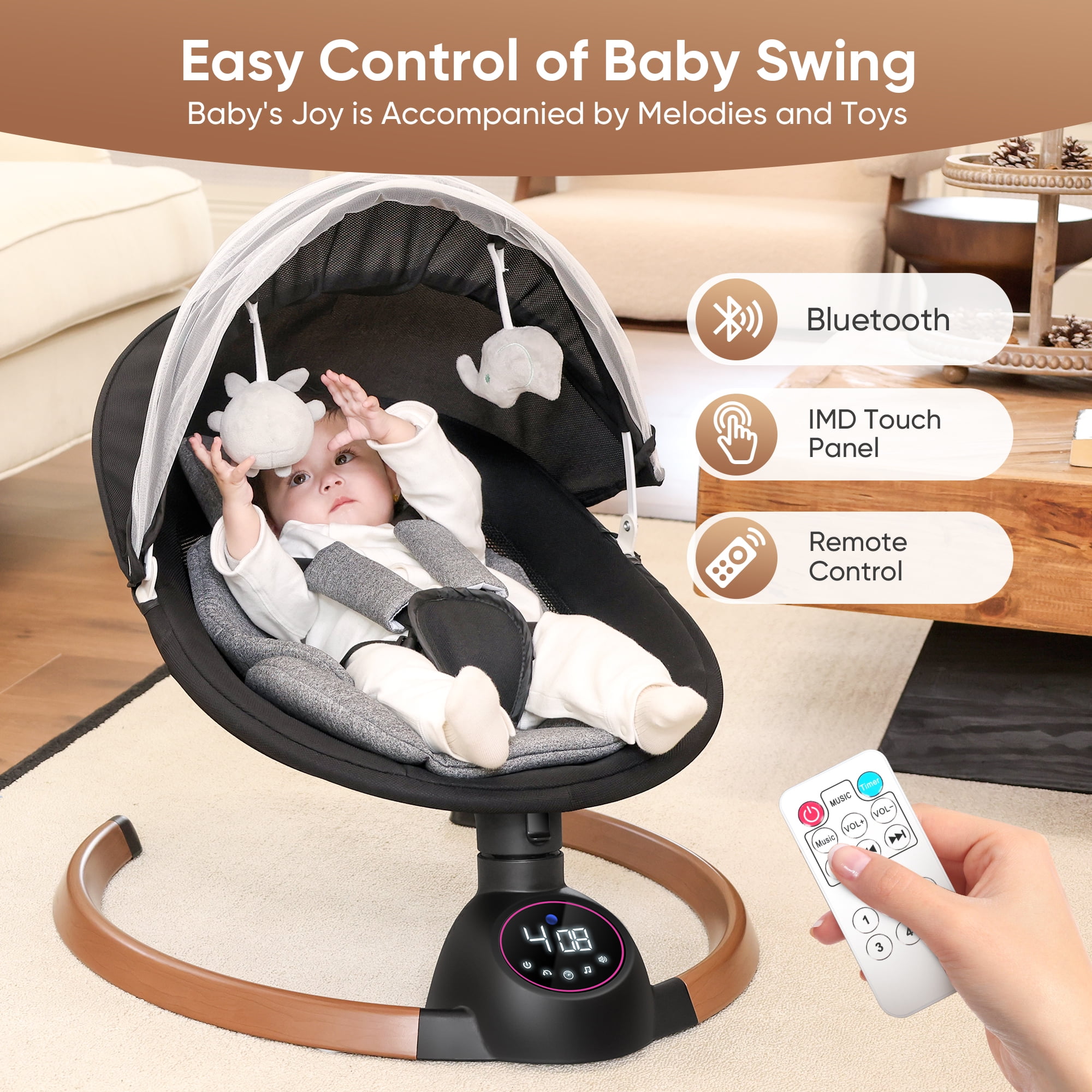 Babyeap Electric Baby Swing for Infants with Bluetooth Control and 5-Point Harness (Gray, 20 lb Capacity) 5obaw