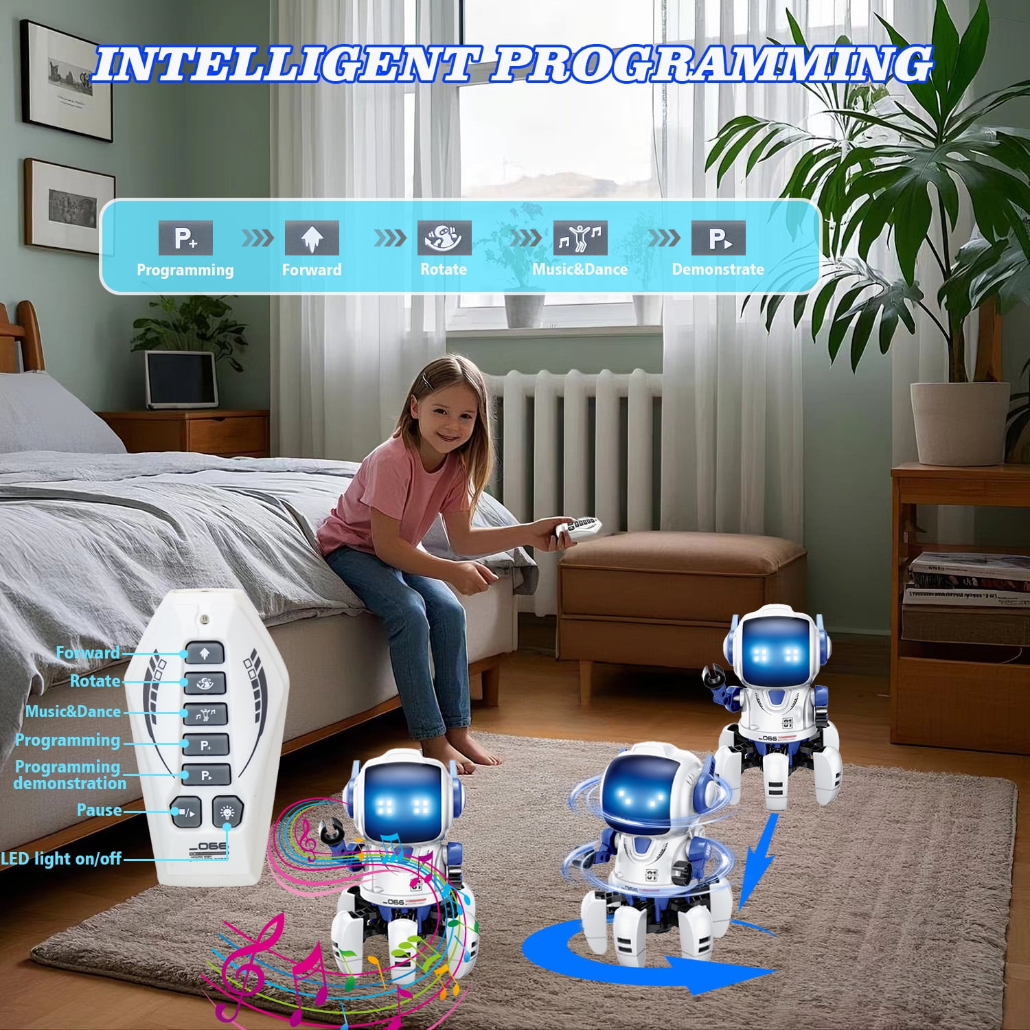 Lvelia Intelligent Programmable RC Robot Toy, Interactive Walking Dancing Smart Robot with LED Eyes and Remote Control (White) 95pet