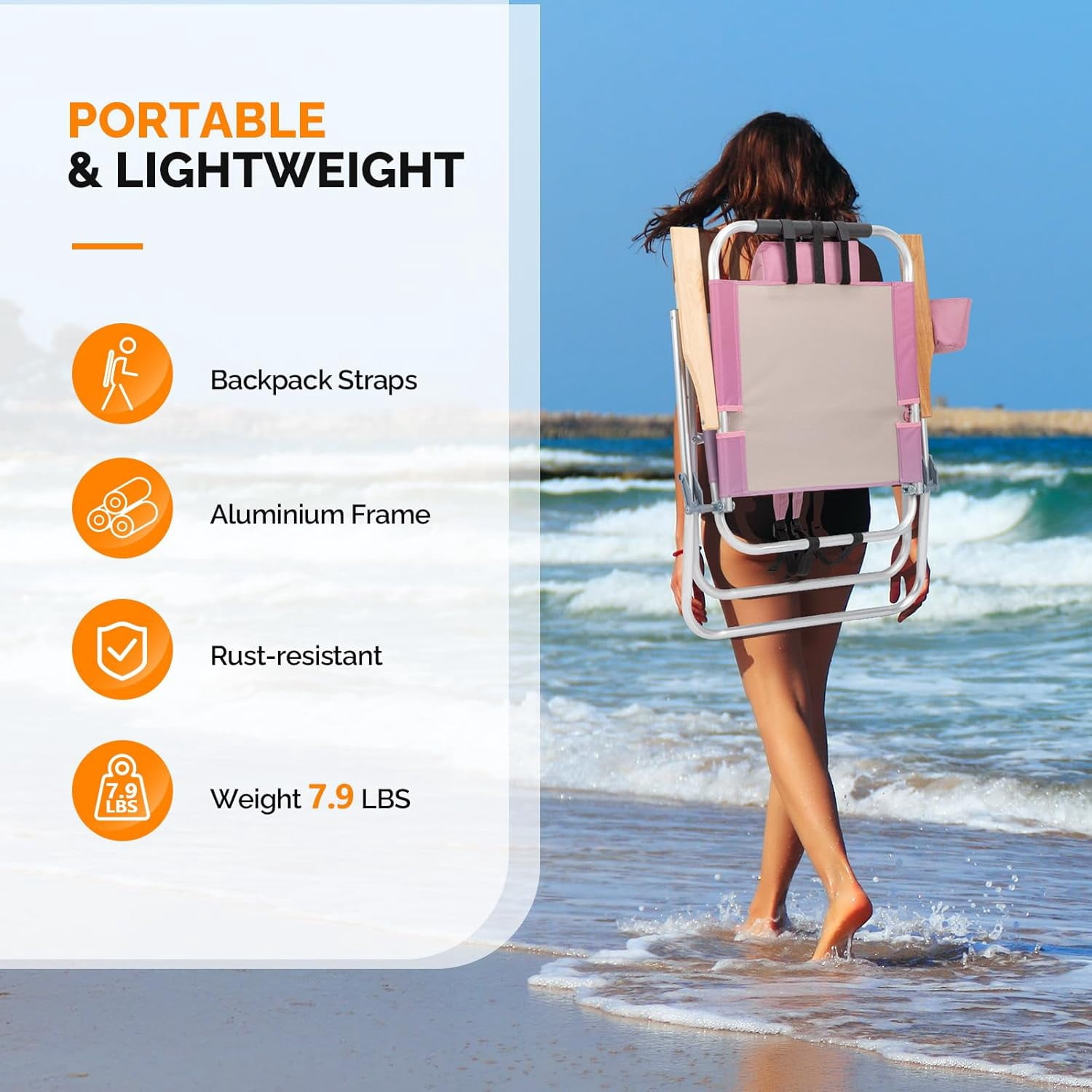 PEXMOR Portable Aluminum Beach Chair, 3-Position Reclining Backpack Chair with Cup Holder (Pink, 17 in Seat Height) ypuff