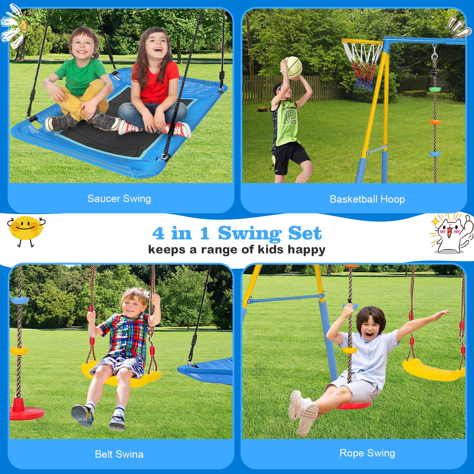 KALNUR 4-in-1 Outdoor Metal Swing Set with Saucer Swing, Climbing Rope, and Basketball Hoop (Blue, 127 in x 79 in x 80 in) qk5dz