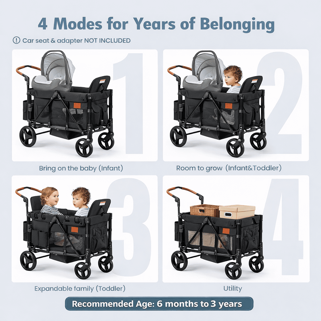 UBesGoo Foldable Wagon Stroller for 2 Kids, All-Terrain Push Wagon with Removable Canopy and Adjustable Handlebar (Black, 200 lb Capacity) tir3b