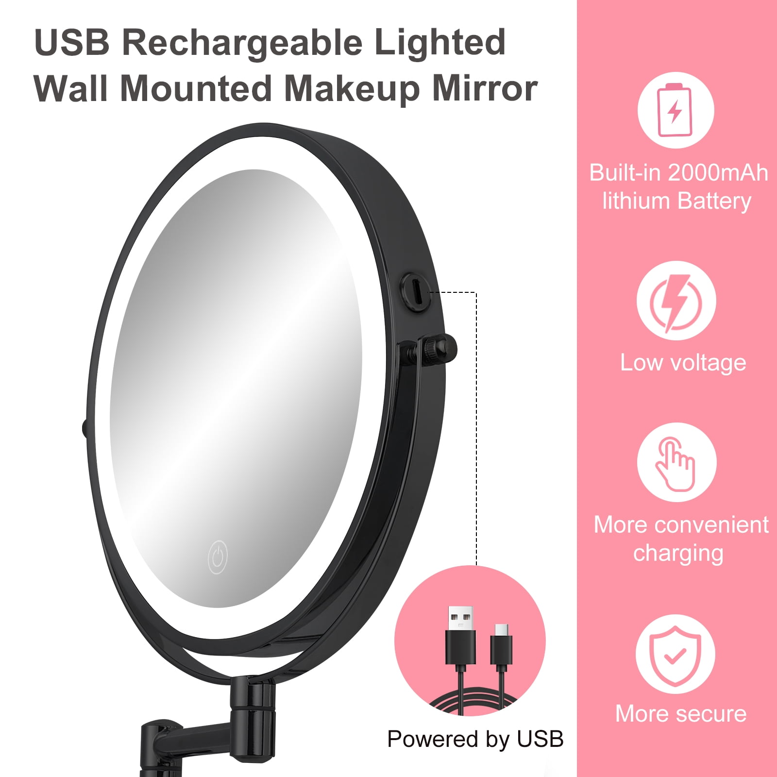 Umirokin Rechargeable Wall Mounted LED Makeup Mirror (Black, 8 in) 1X/10X Magnification Dimmable Vanity Mirror ghr2h