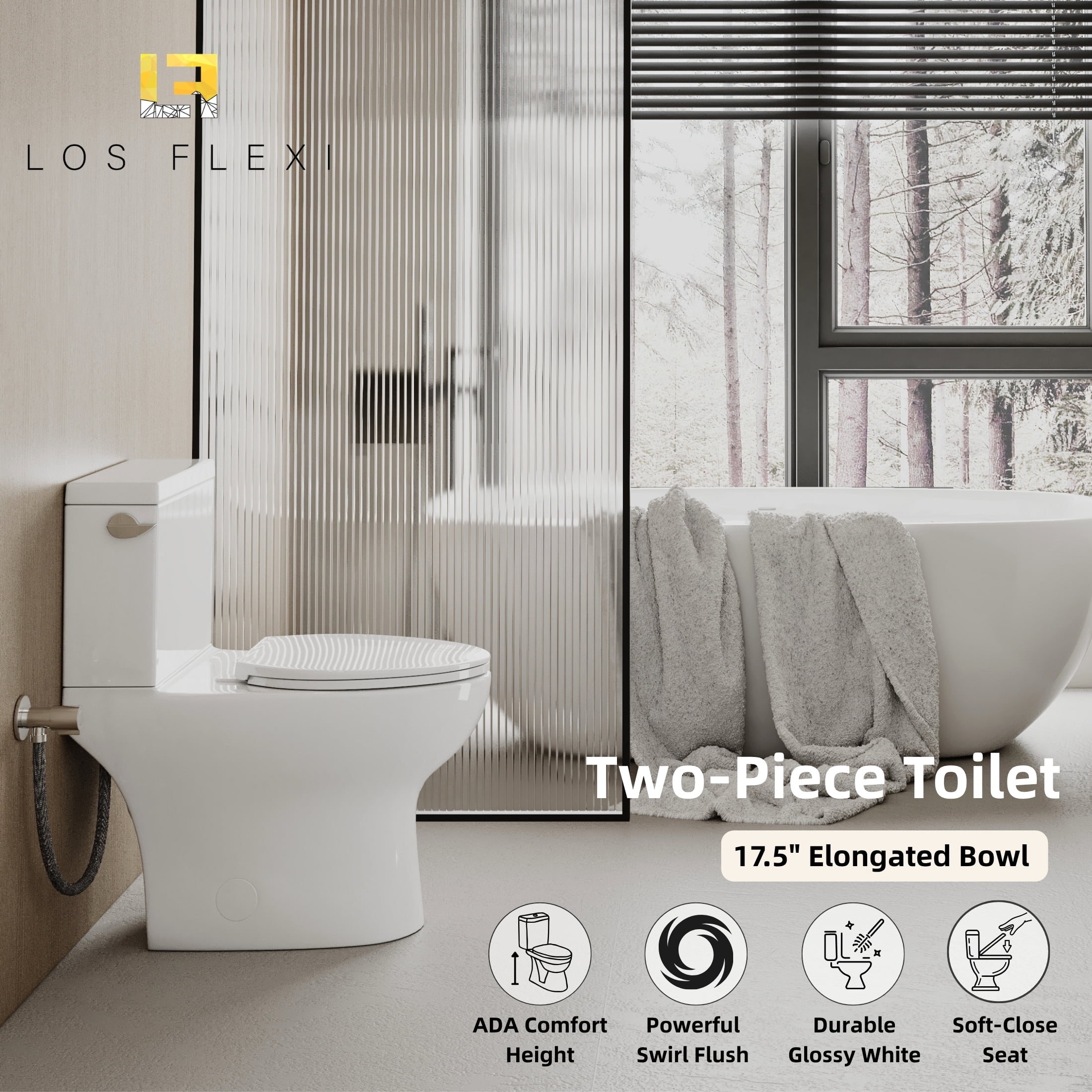 Los Flexi Modern Elongated Two-Piece Toilet, ADA Comfort Height with Soft-Close Seat (White, 17.5 in) kldv5