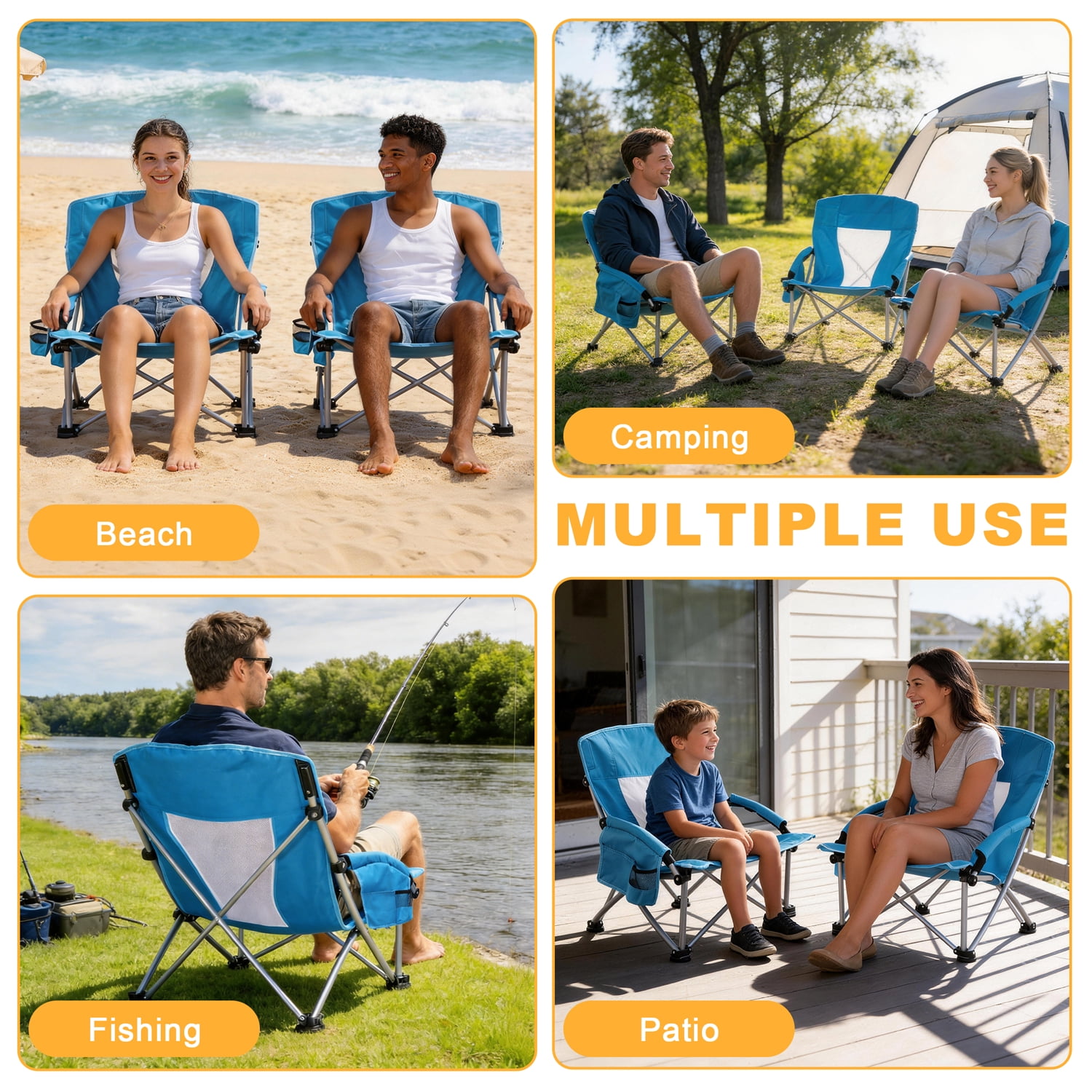 Walchoice Folding Beach Chairs with Cup Holder and Carry Bag, Low Back Support, Heavy-Duty Portable Outdoor Seating (Blue, 2 Pack) dzkr7