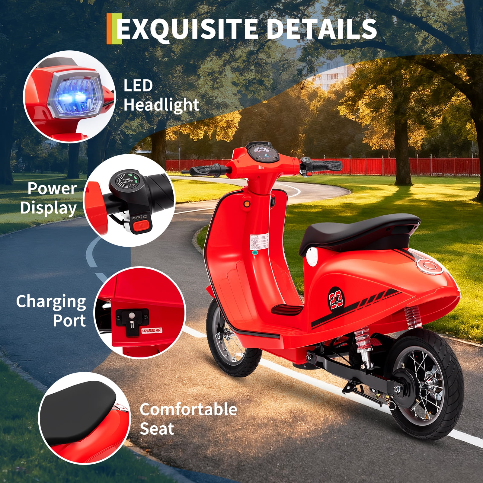 Tuekys Electric Moped Scooter for Kids, 24V 350W Ride-on Motorcycle with LED Lights (Red, 51.18 in) vu0ys