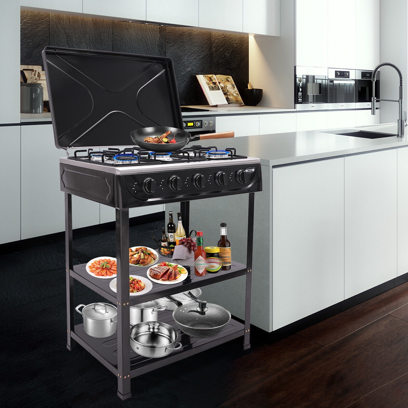 Generic 5-Burner Gas Stove Outdoor Camping BBQ Grill with 2-Tier Storage Rack (Black) g36xu