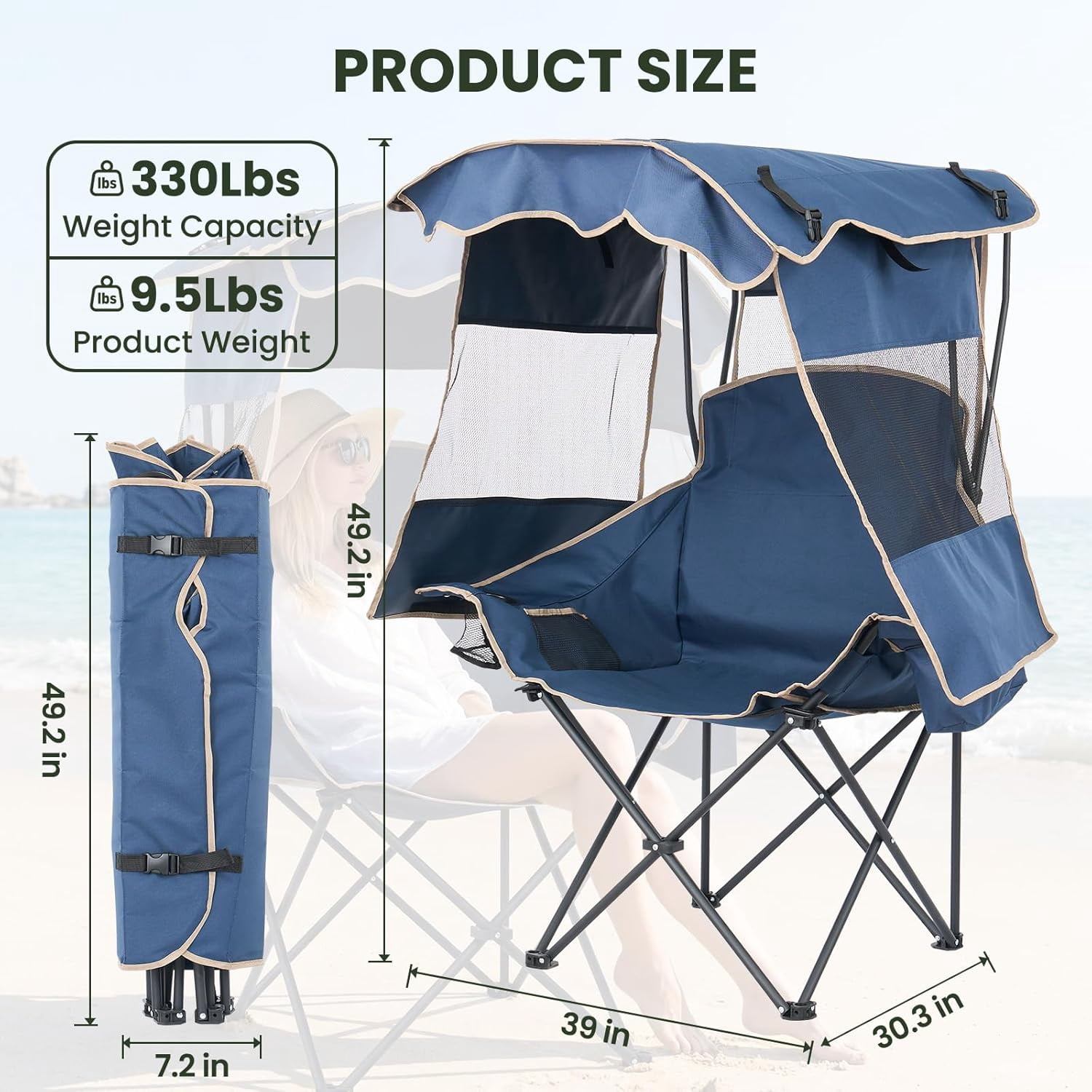 ABORON Camping Chair with Canopy, Folding Portable Beach Lounge Chair with Cooler Bag and Cup Holder (Blue, One Size) 3gkl5