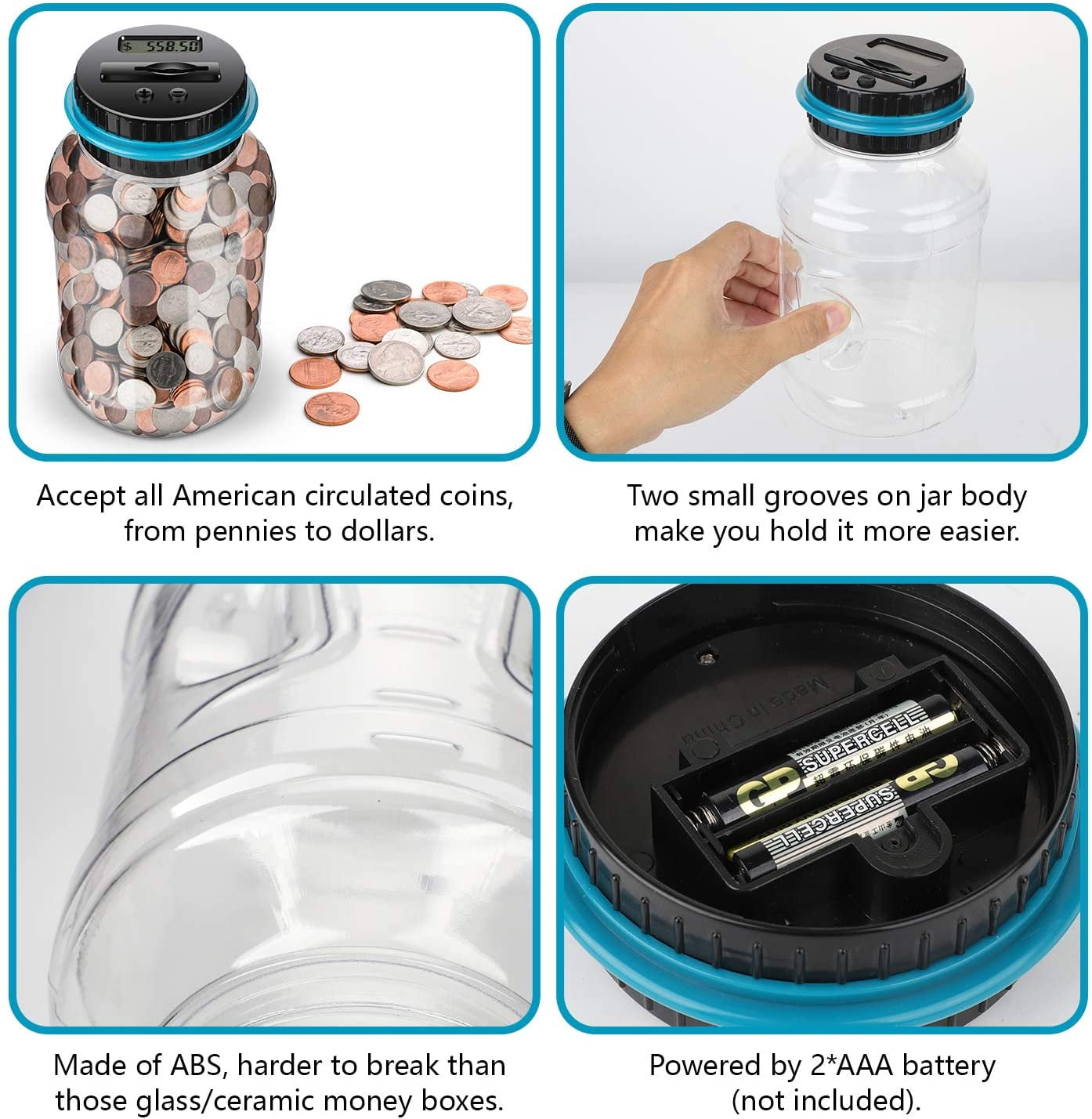 QISHI Digital Piggy Bank with LCD Coin Counter, Large Capacity Savings Jar for US Coins (Blue, 1.8 L) vikqj
