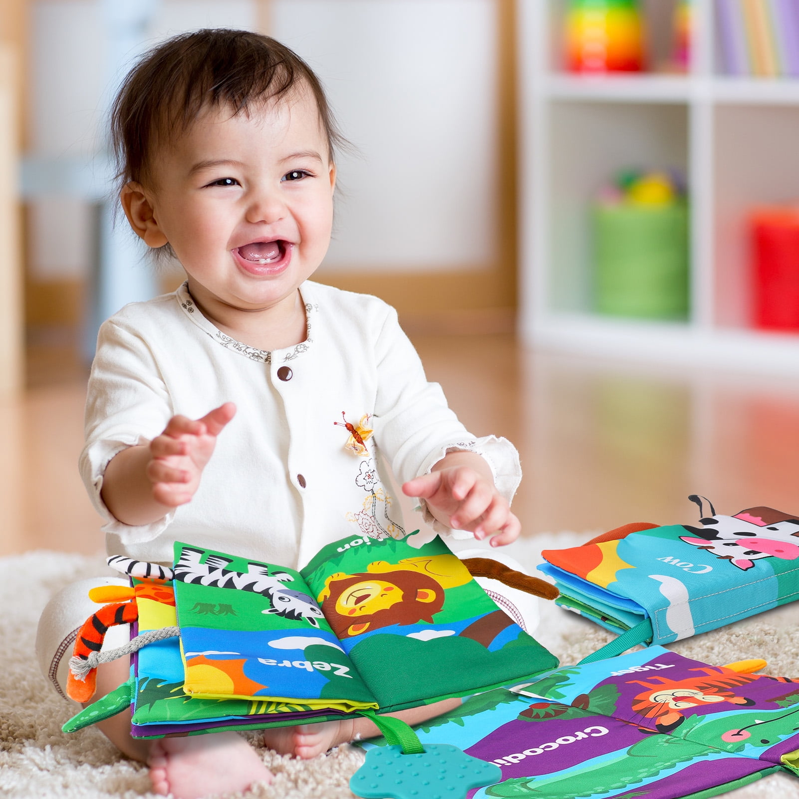 sixwipe Soft Cloth Baby Books Sensory Activity Set with Teething Ring (Multicolor, 2 Pack) uovme