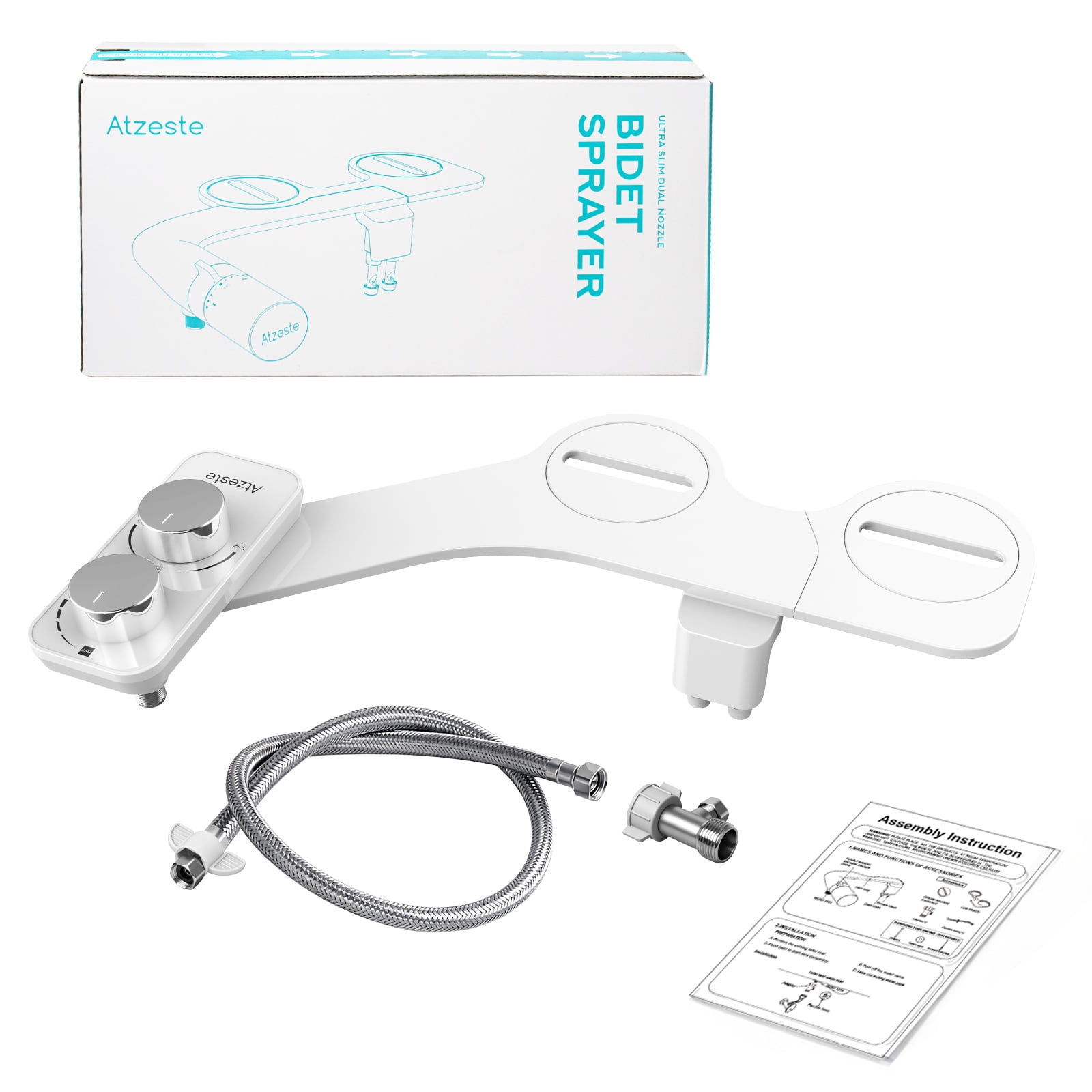 Atzeste Ultra-Slim Bidet Toilet Seat Attachment, Non-Electric Dual Nozzle with Self-Cleaning Sprayer (Silver, 1.64 ft Hose) 7my0w