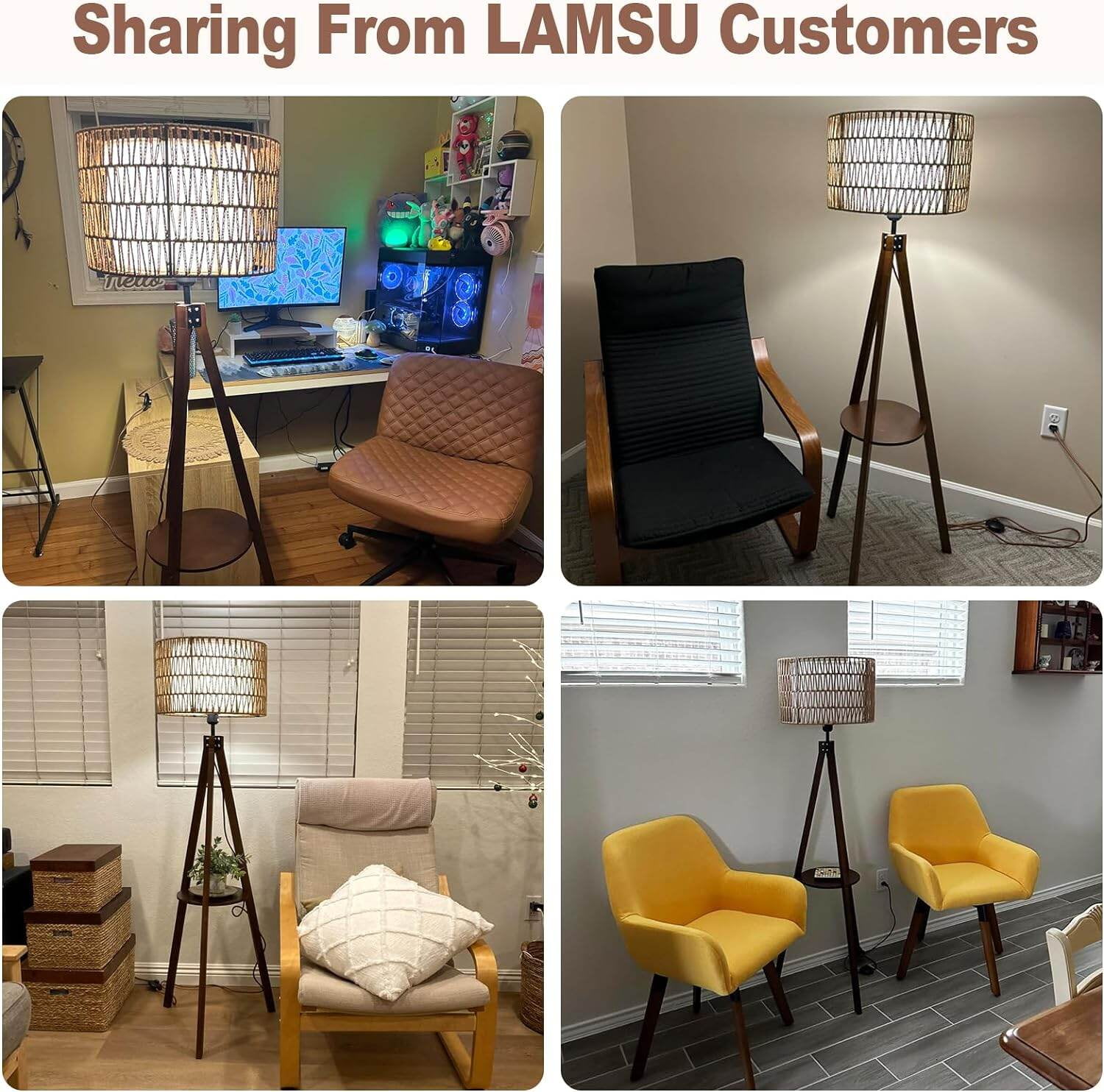 PuppyCheer Boho Tripod Floor Lamp with Shelves, Mid Century Wood Standing Lamp with Rattan & Fabric Shades (Brown, 59 in) siusv