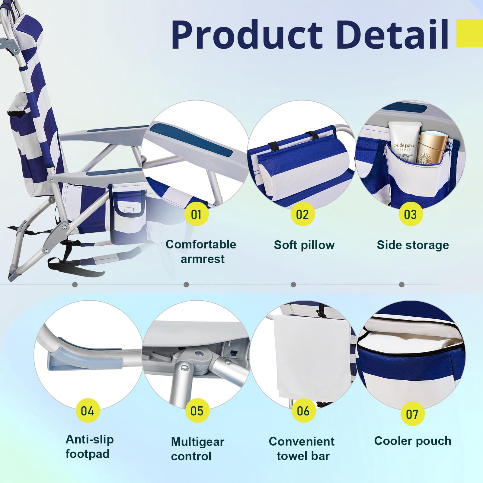 ECommerce,LLC Backpack Beach Chair, 5-Position Reclining Folding Chair with Cooler and Storage Pouch (Blue and White, 7.3 lb) 3fiwj