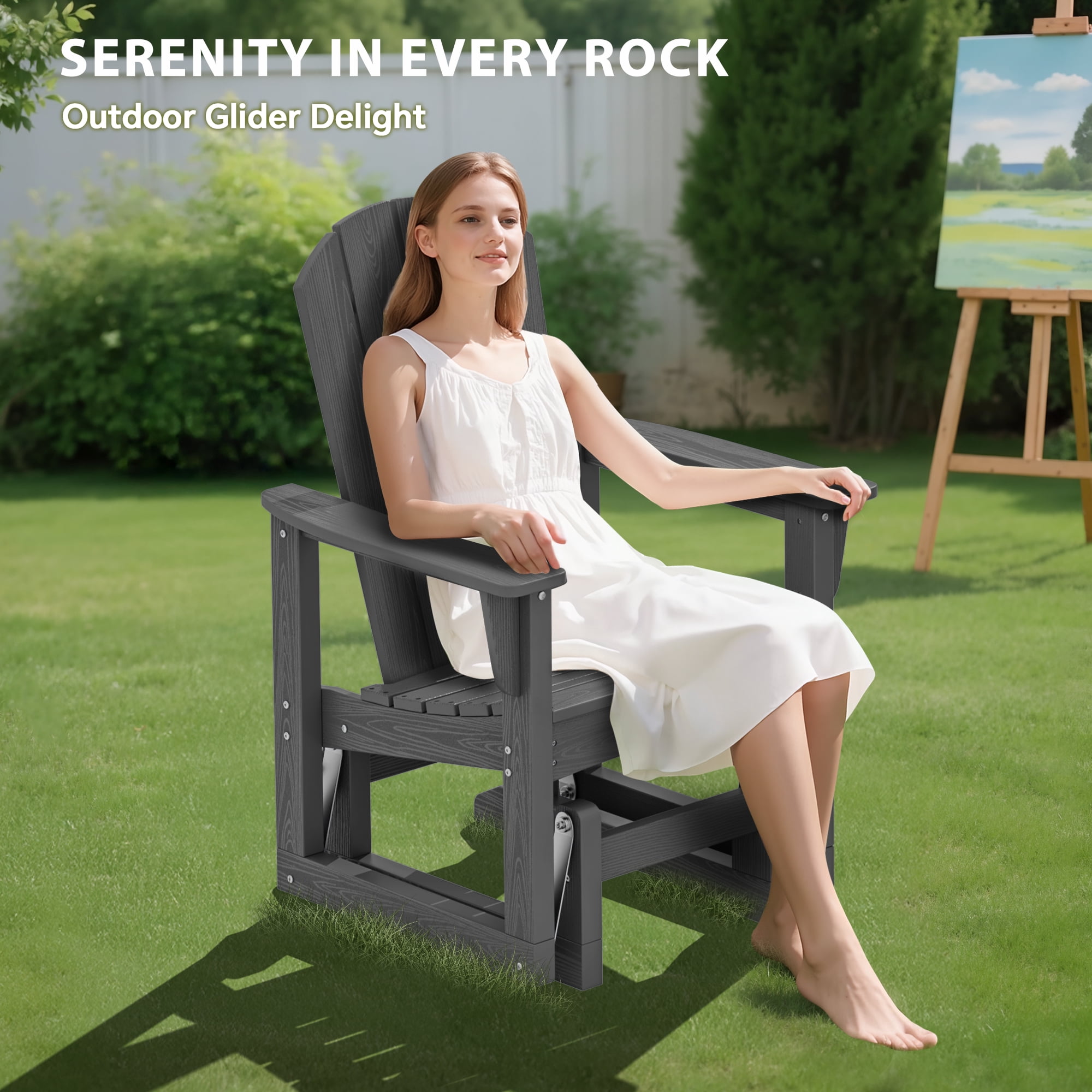 SERWALL Outdoor Glider Chair, All-Weather HDPE Patio Rocker with Ergonomic Design (Gray, 29.1 in W x 25.6 in D x 40.2 in H) 9lx8t