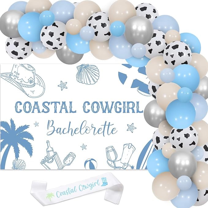 Coastal Cowgirl Bachelorette Party Decoration Set with Backdrop Sash and Balloon Garland Arch Kit (Blue, 65-Piece Set) wpplo