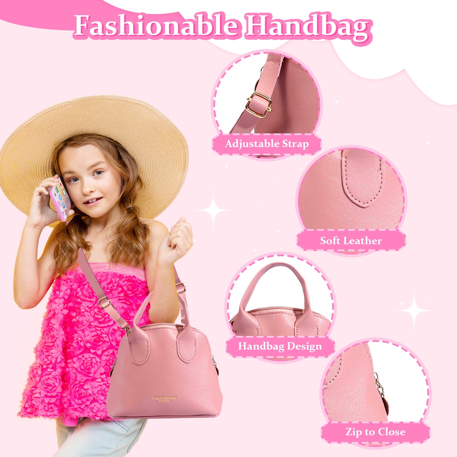 Somnr 31-Piece Kids Pretend Play Purse and Makeup Accessory Set with Musical Toy Phone (Pink, 31-Piece) ci0uu