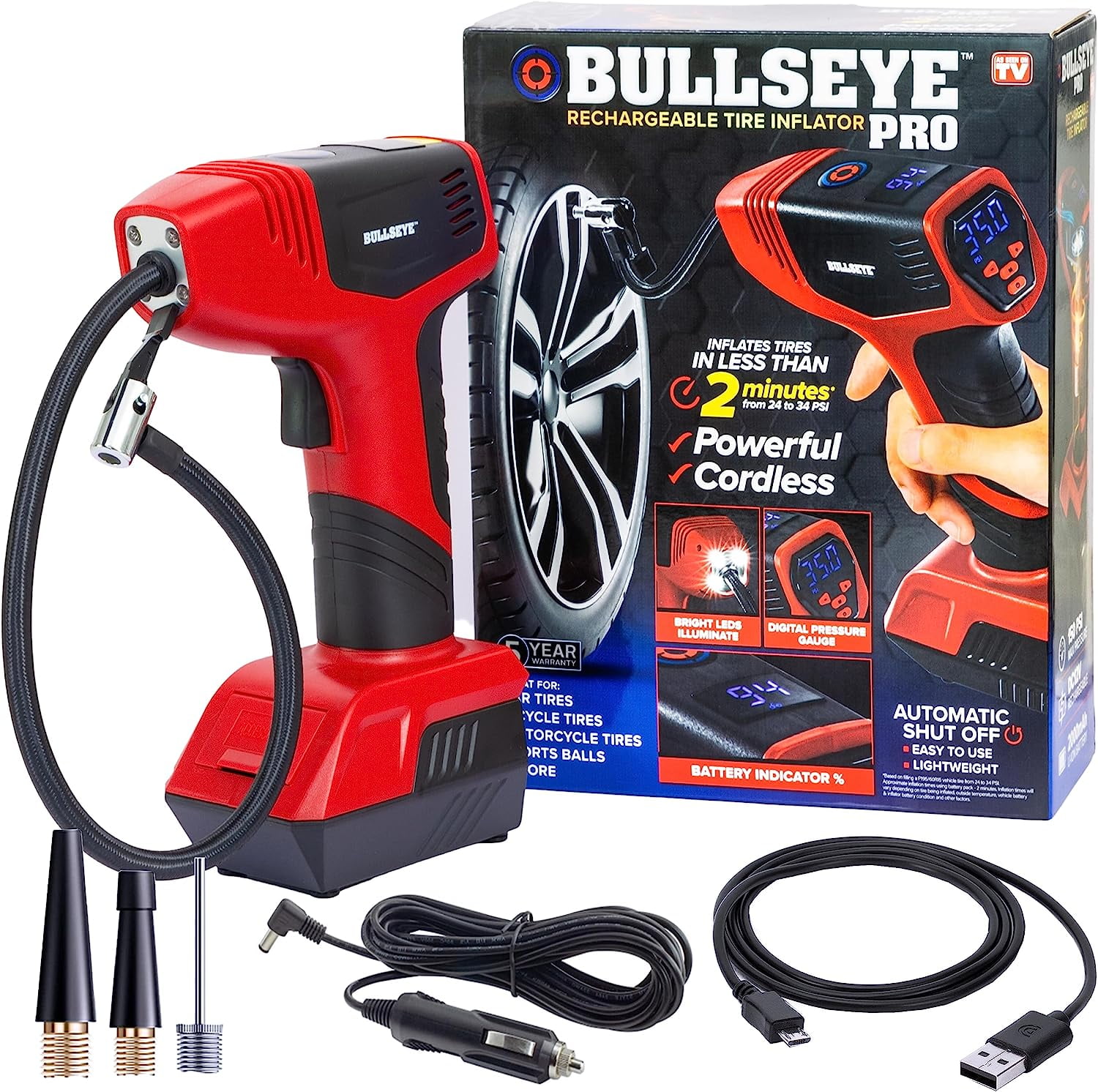 Bullseye Pro Portable Tire Inflator 150 PSI Electric Air Compressor (Red, 18 in Hose) c0k35