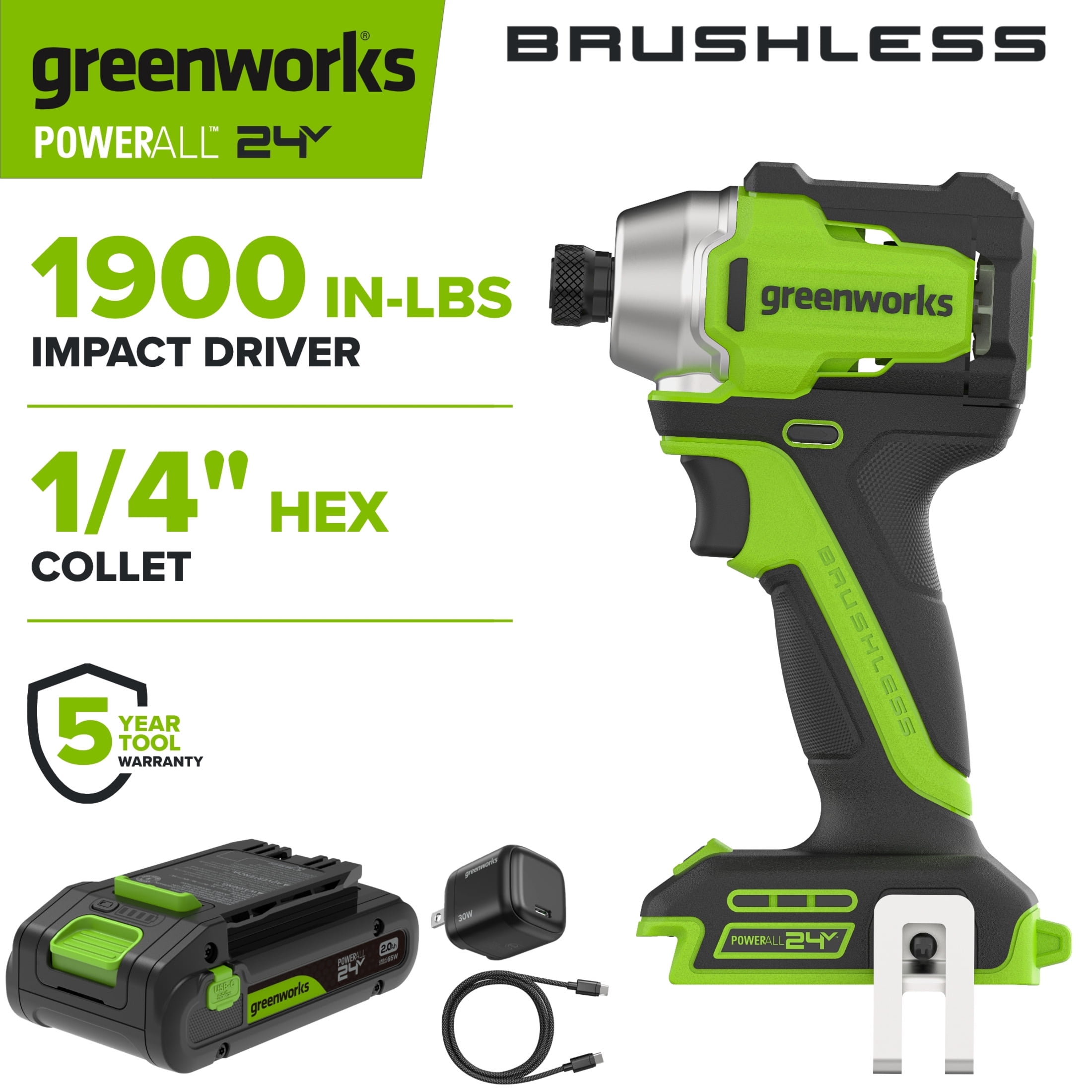 Greenworks PowerAll 24V Brushless Impact Driver Kit with 2.0 Ah USB-C Battery and Charger (Green, 4.7 in) a0xpd