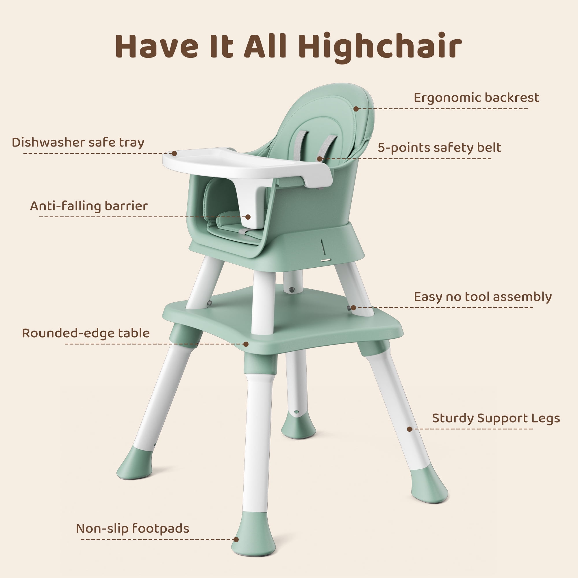 AILEEKISS 8-in-1 Convertible Baby High Chair and Toddler Booster Seat (Green) cjk8r