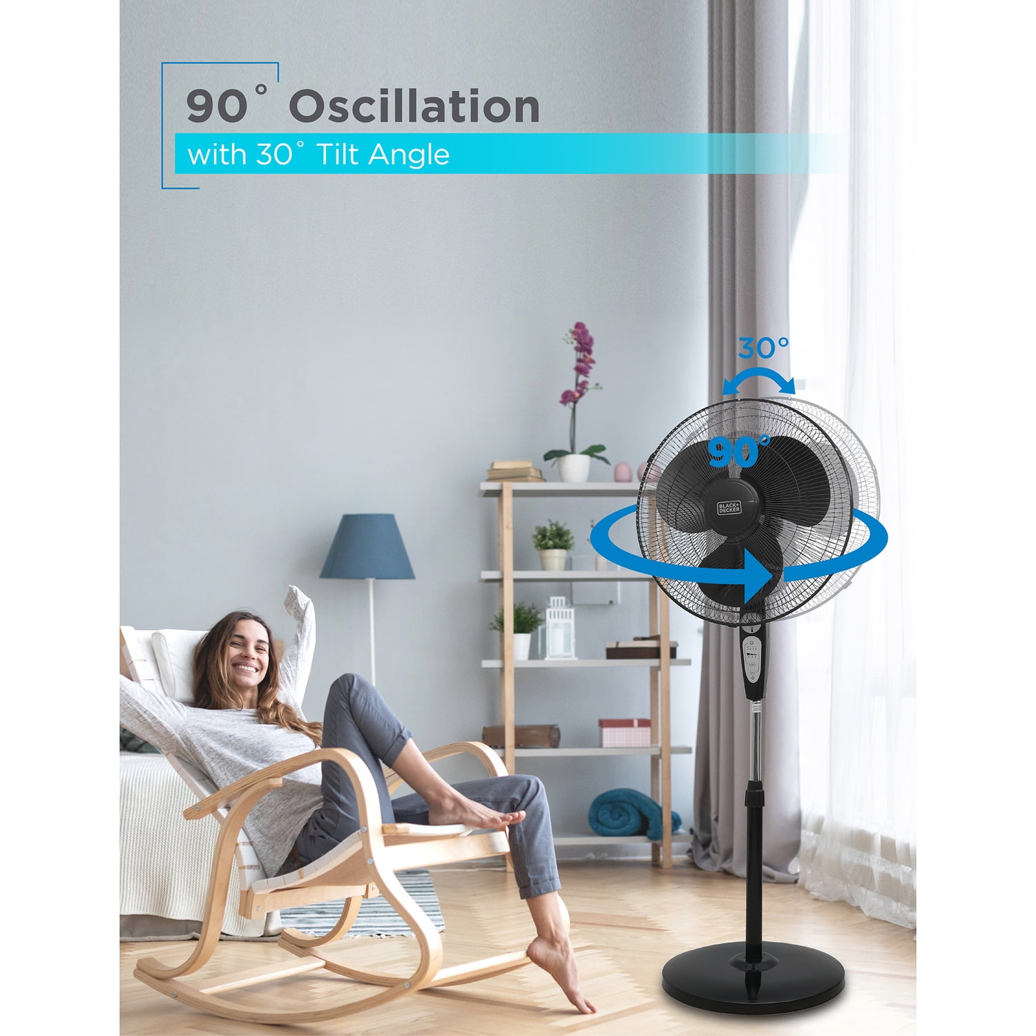 BLACK+DECKER 18-In. 3-Speed Oscillating Stand Fan with Remote (Black, 52 in Height) loeb8