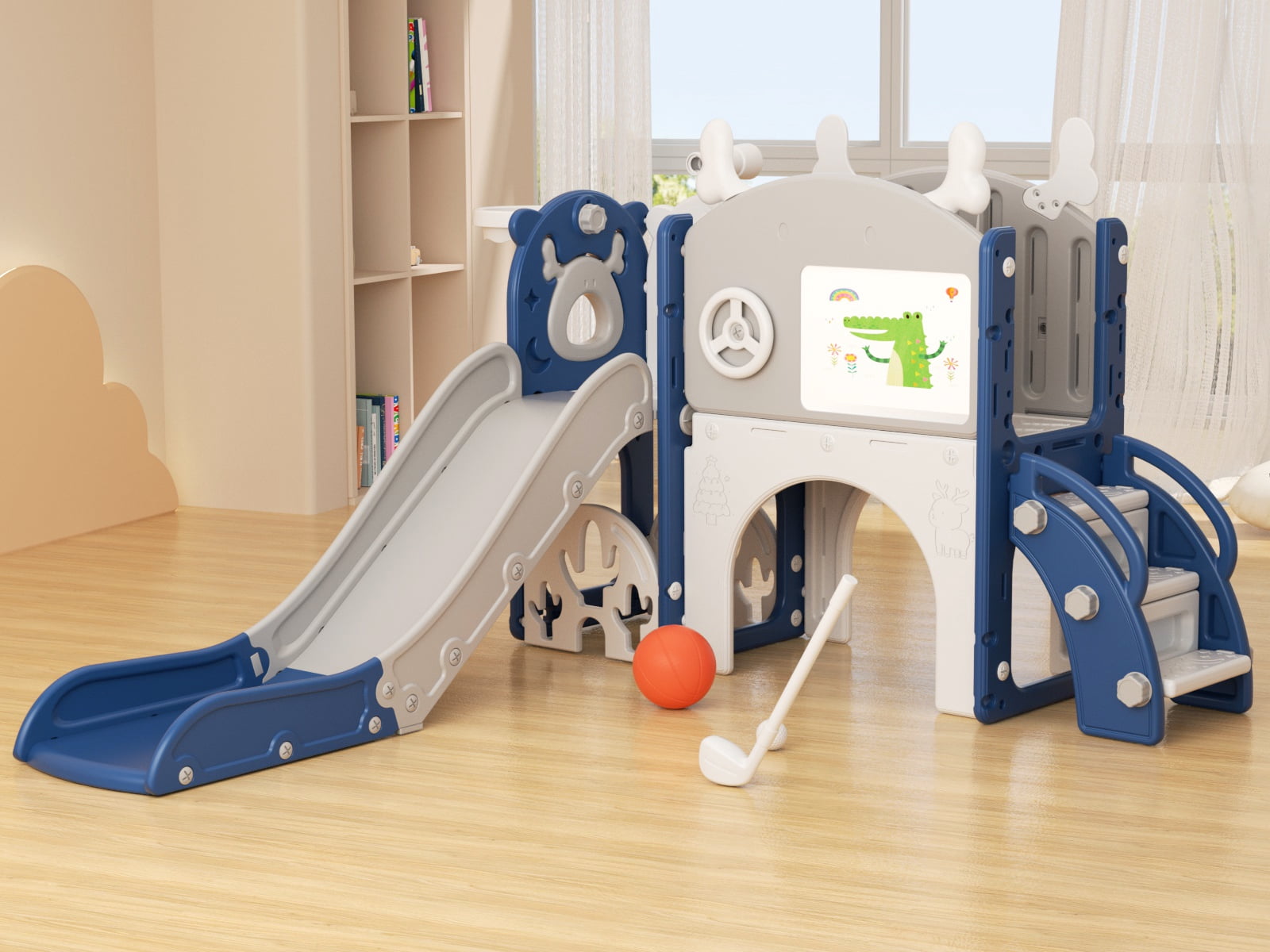 Korimefa 11-in-1 Toddler Climber and Slide Playset with Basketball Hoop and Golf Set (Blue, 62.6 x 62.6 x 39 in) ehwmm