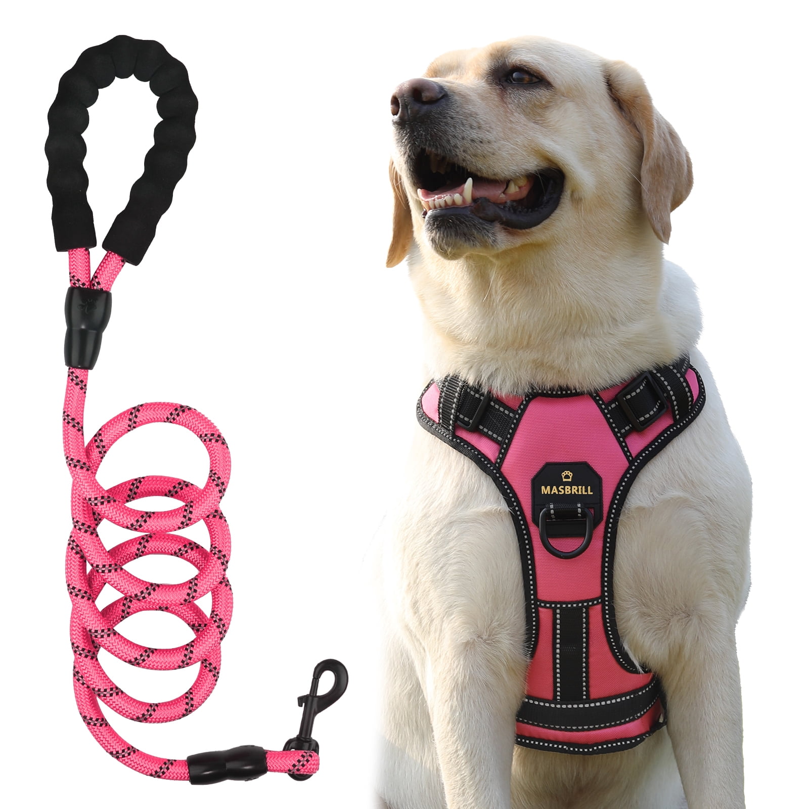 MASBRILL No Pull Dog Harness and Leash Set, Reflective Adjustable Padded Vest with Handle (Pink, Large) me4ue