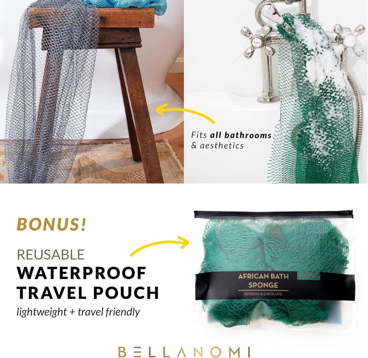 Bellanomi African Net Sponge, Authentic Sapo Exfoliating Back Scrubber for Deep Cleaning and Skin Renewal (Blue, 45 in) 7aaq9