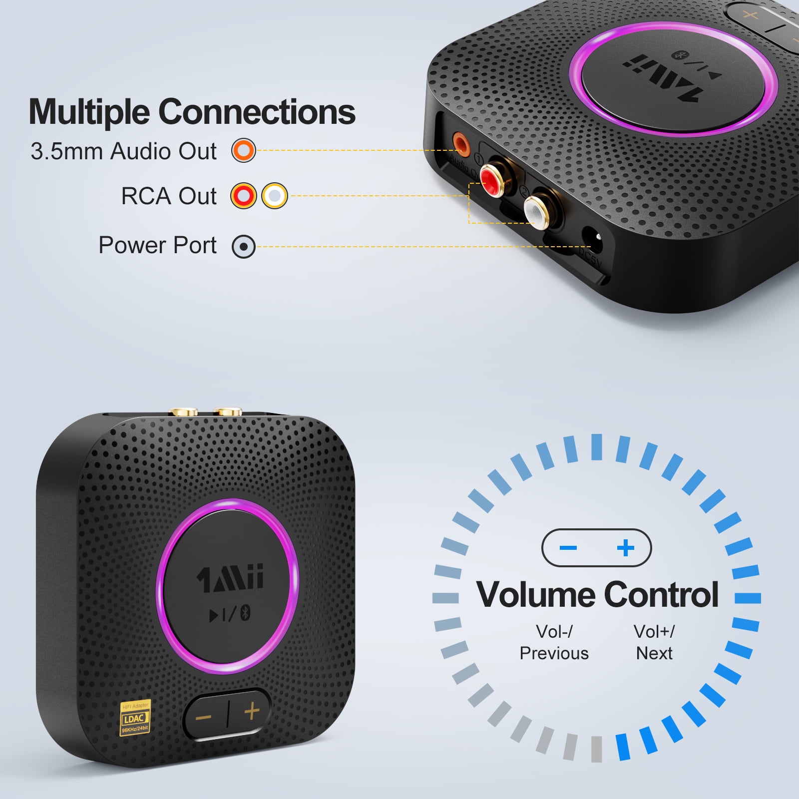 1Mii B06S+ Bluetooth 5.2 Receiver HiFi Wireless Audio Adapter with LDAC and aptX HD (Black, 1 Pack) 7por0