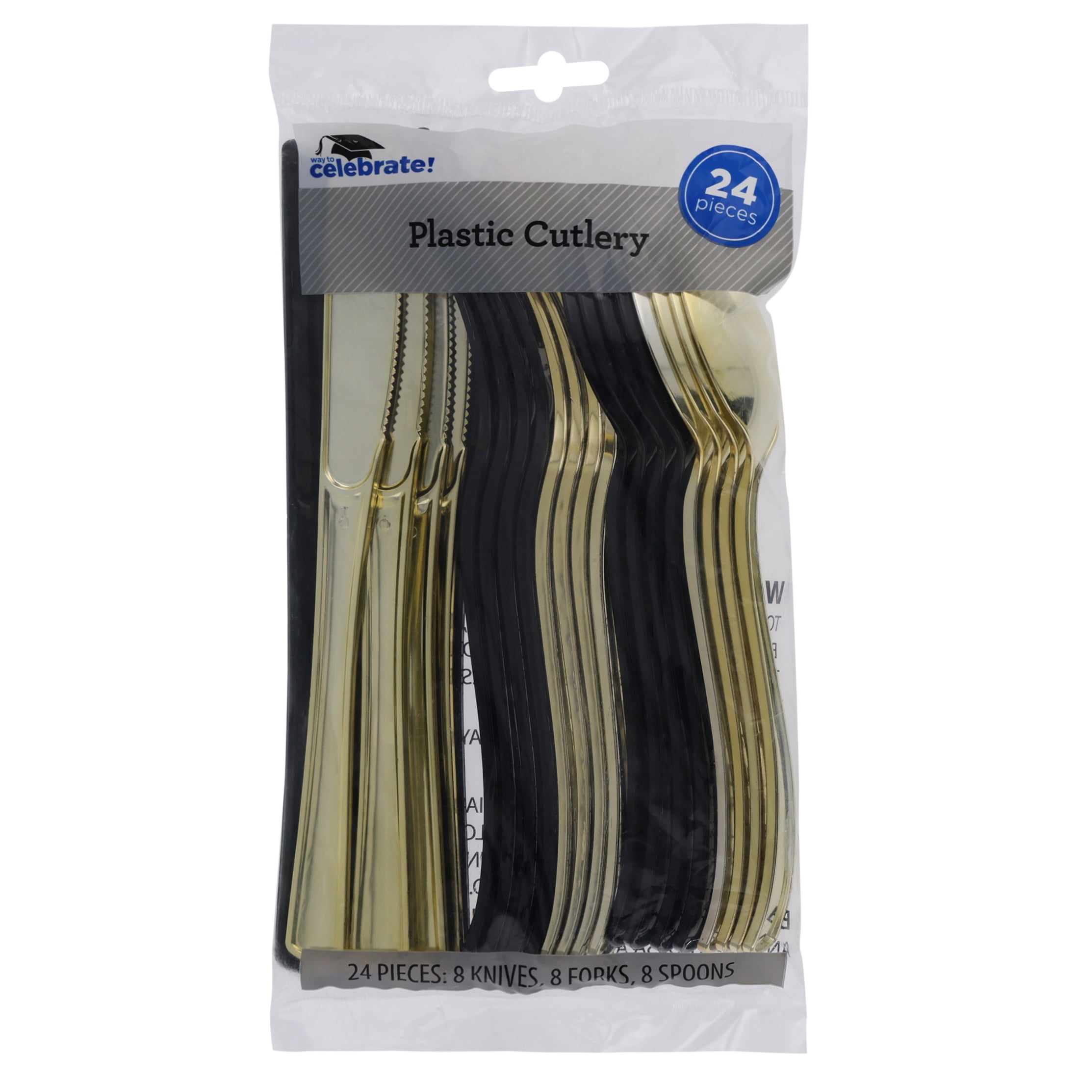 Way To Celebrate Disposable Metallic Plastic Cutlery Set (Black and Gold, 24 Count) 1ulz8