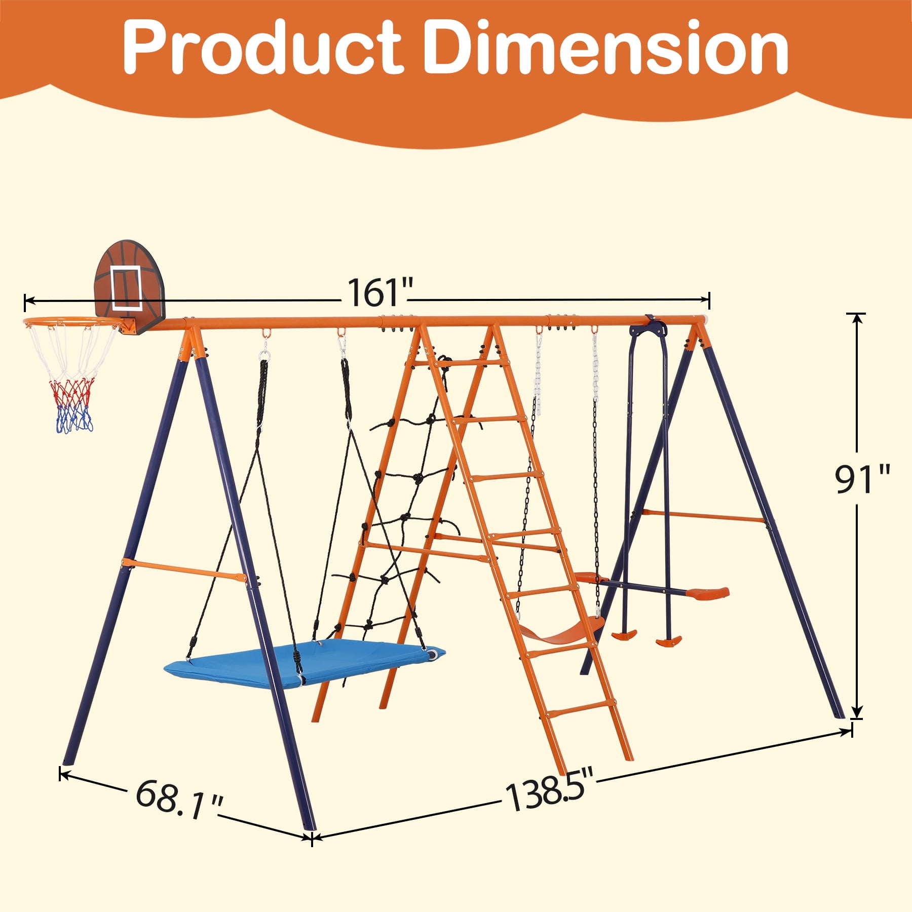 ZenSports 5-in-1 Outdoor Kids Swing Set with Saucer Swing, Belt Swing, Seesaw, Basketball Hoop, and Climbing Ladder (Orange, 660 lb Capacity) wfok7