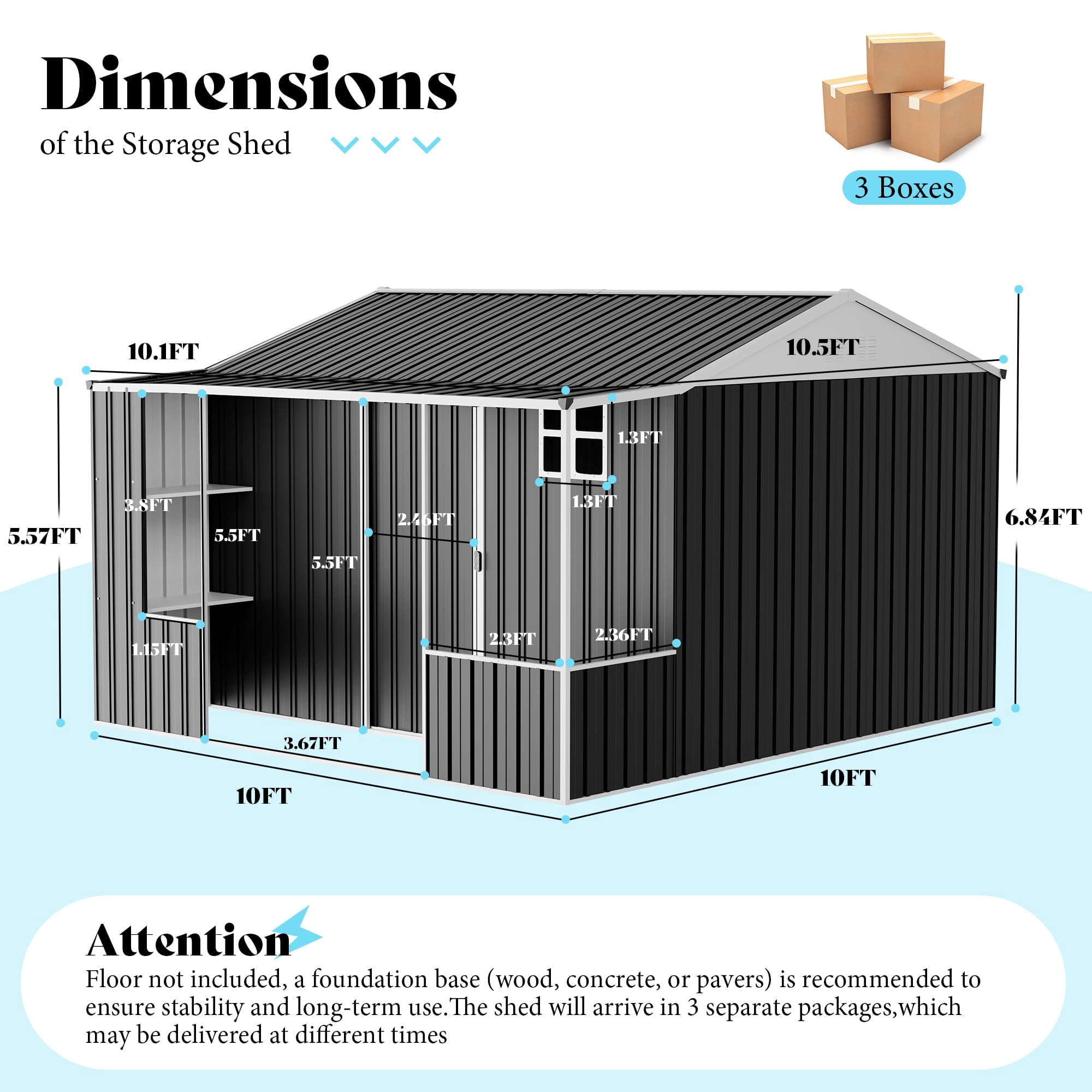 Jocisland Metal Storage Shed, Dual-Zone Outdoor Tool Shed with Work Area, Reinforced Frame, Gable Roof (Dark Grey, 10 ft x 10.5 ft x 7 ft) ls405
