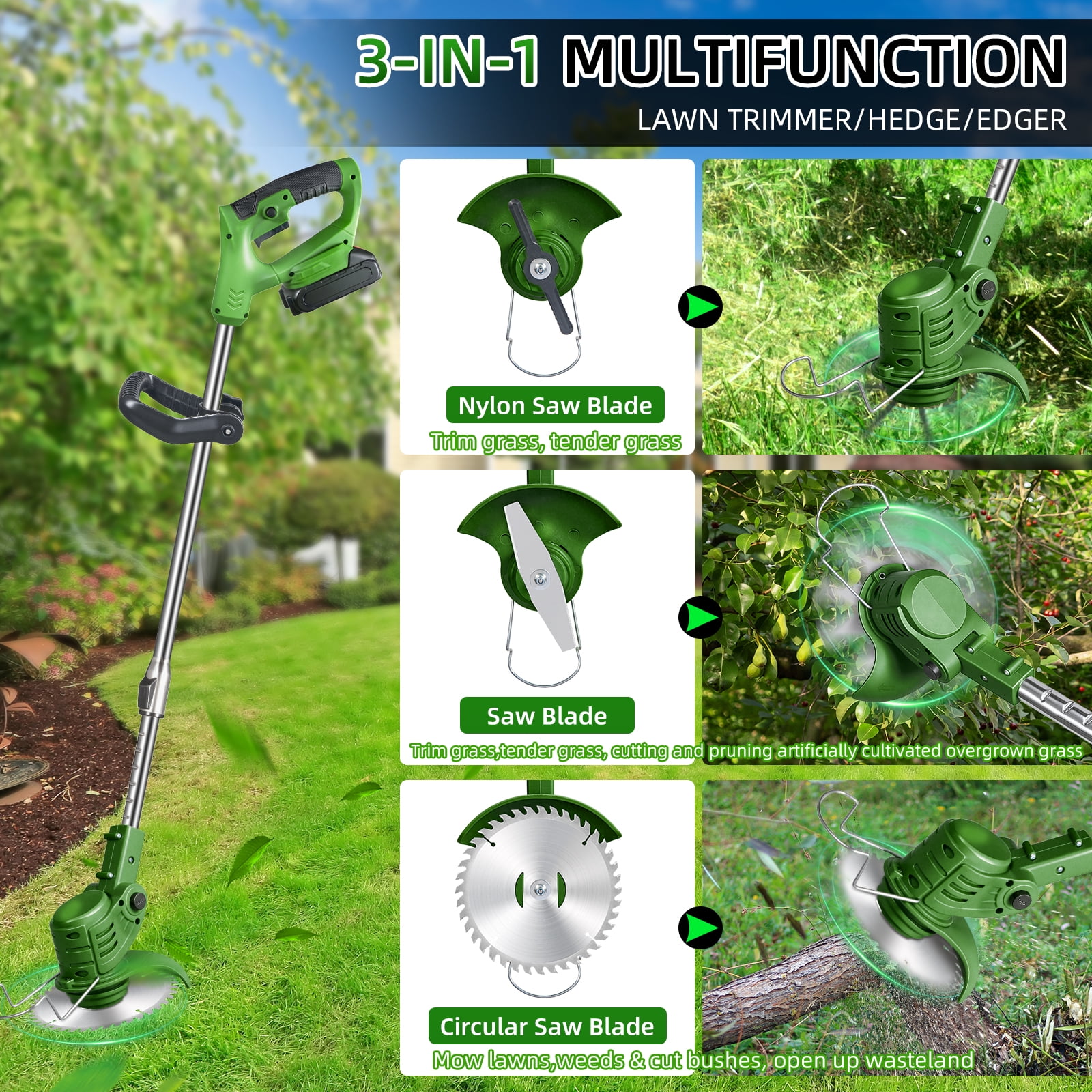 ZLieatmp Cordless Electric Lawn Mower and Weed Trimmer with 2 Batteries and 5 Blade Types (Green, 33-47 in) thukj