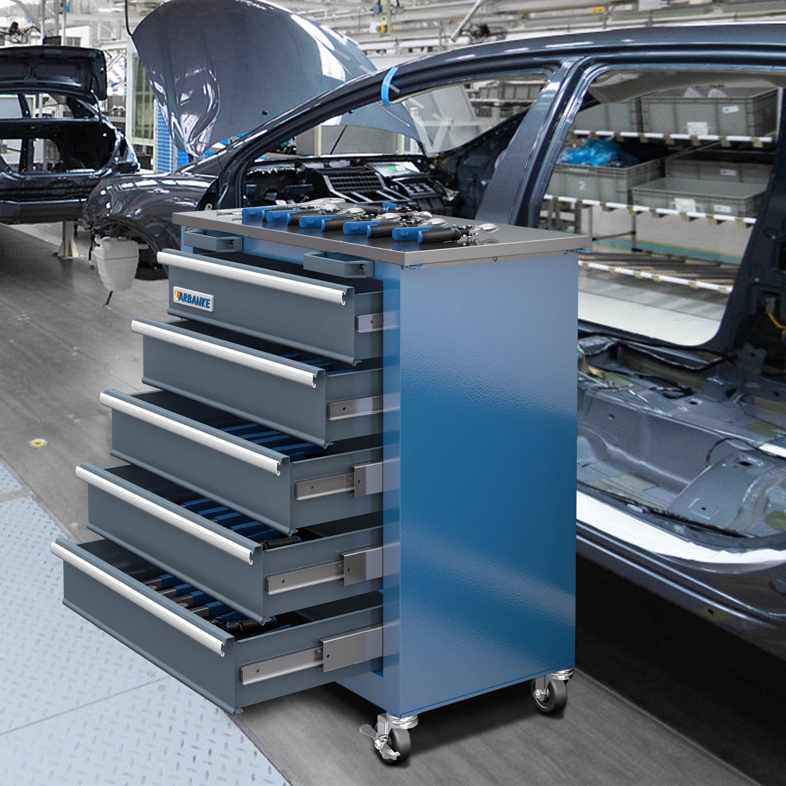 LARBANKE Rolling Tool Chest 5-Drawer Cabinet with Stainless Steel Top (Blue, 26 in x 13.5 in x 29 in) zks2v
