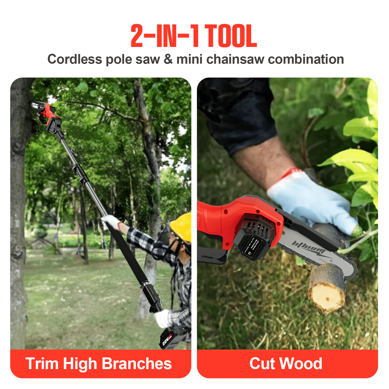 Vetoper 2-in-1 Cordless Pole Saw and 6-inch Mini Chainsaw with 7 ft Extension Rod (Red, 20V 4.0Ah) 0ux3q