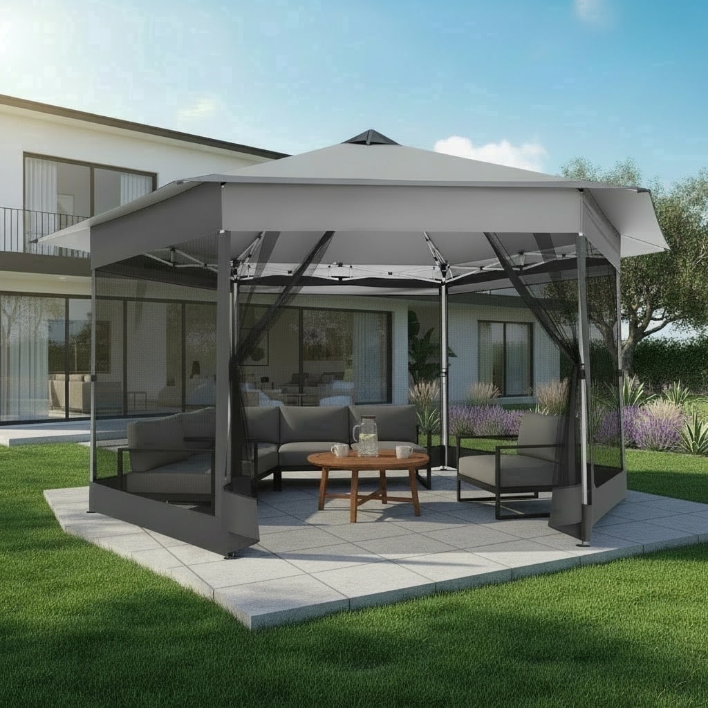 COBIZI 16x16 Pop-Up Canopy Tent, Outdoor Gazebo with Mosquito Netting and Carry Bag (Off-White Gray, 16x16 ft) ptmpl