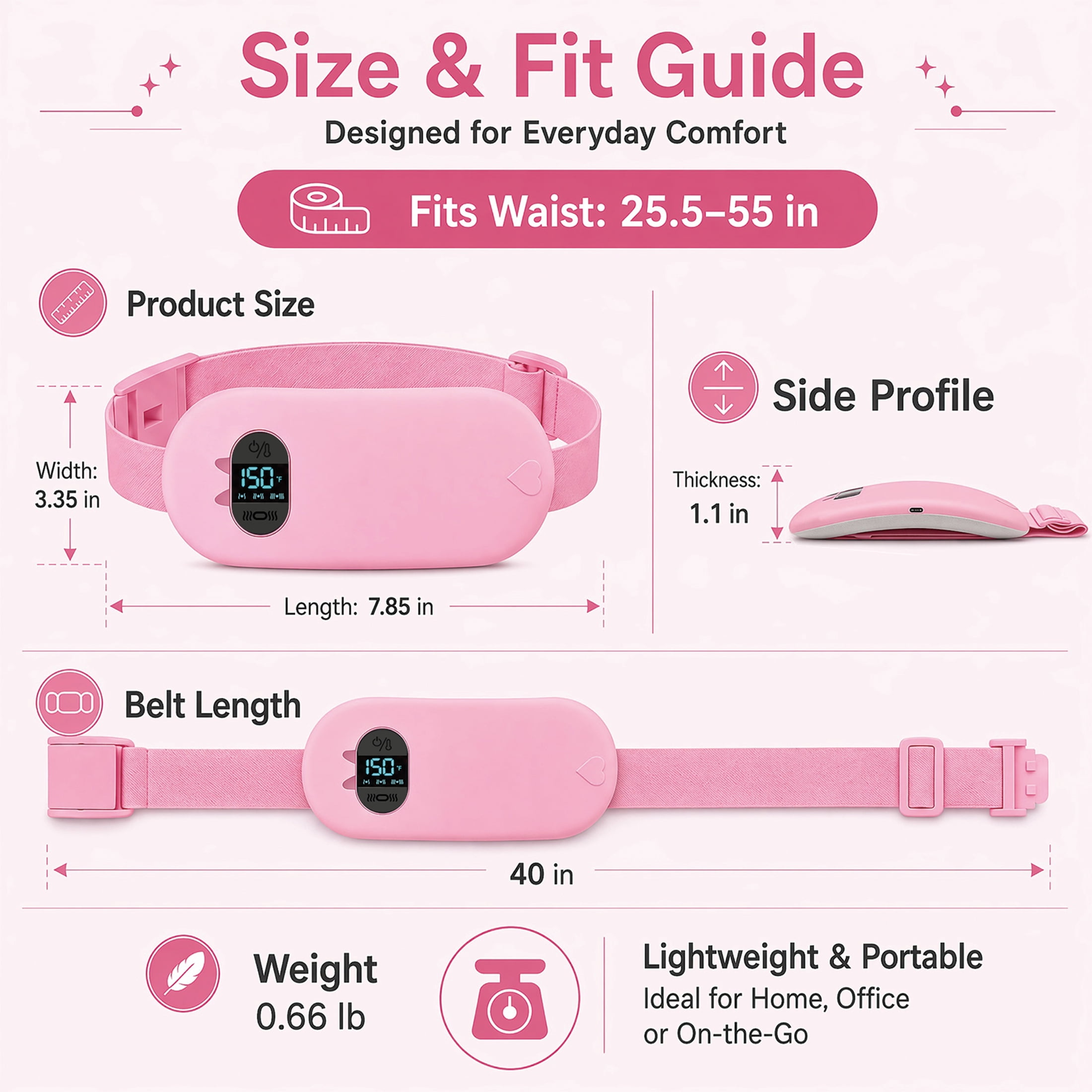 TeSabMi Cordless Heating Pad for Period Cramps, Portable Menstrual Belt with 6 Heat Levels & 6 Vibration Modes (Pink, 25.5 to 55 in) 4pgtx