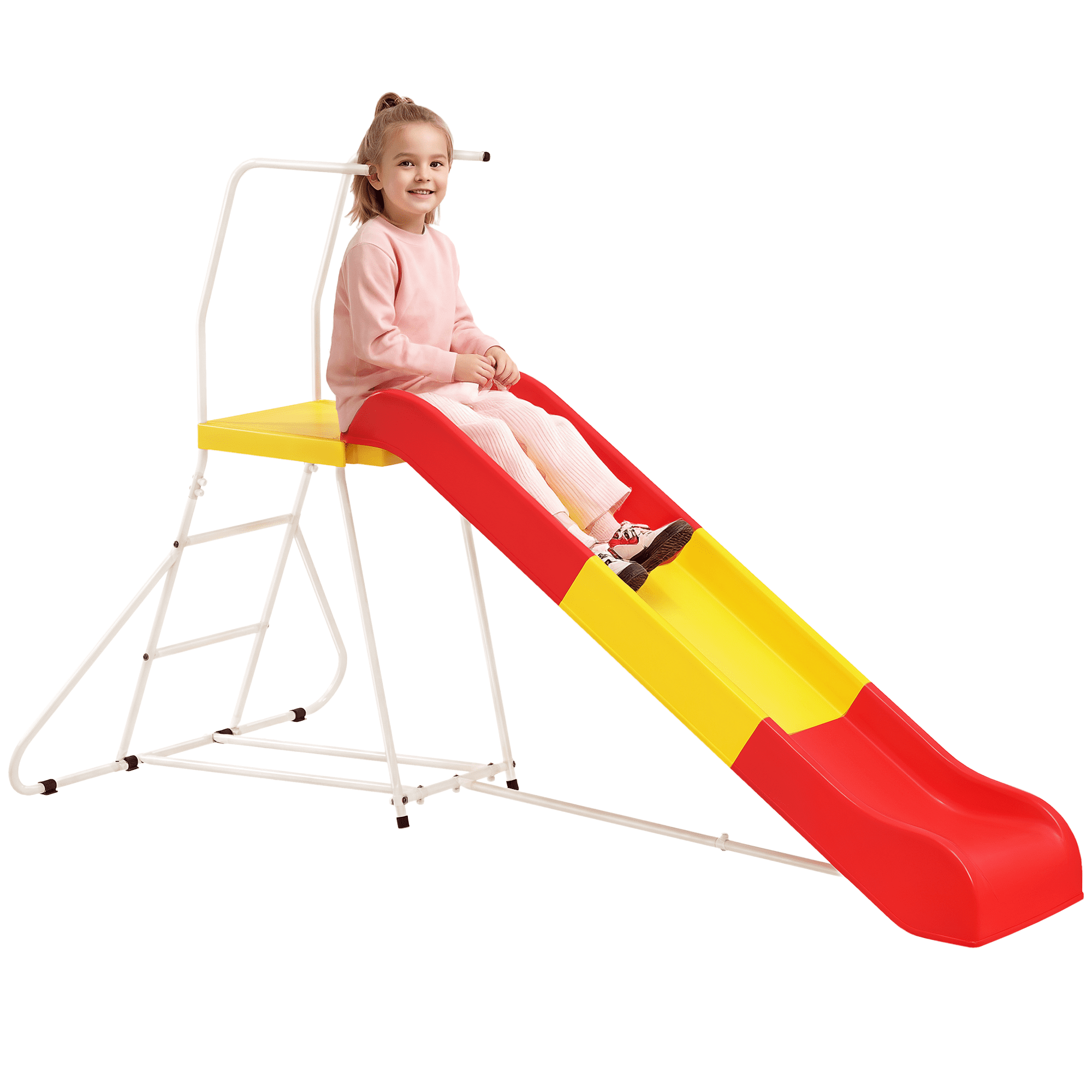 Qaba 6ft Freestanding Metal Slide for Kids with Climbing Ladder (Red, 97.6 in L x 49.2 in W x 59.8 in H) 7qv0h