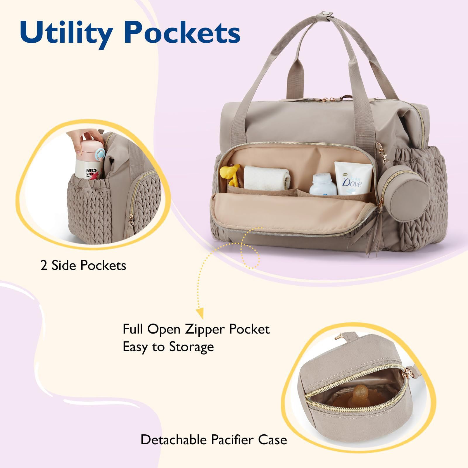 SPEKSEE Diaper Bag Tote, Large Capacity Travel Baby Bag with Changing Pad and Pacifier Case (Brown, 17.7 in x 9.1 in x 11.8 in) n0cxh