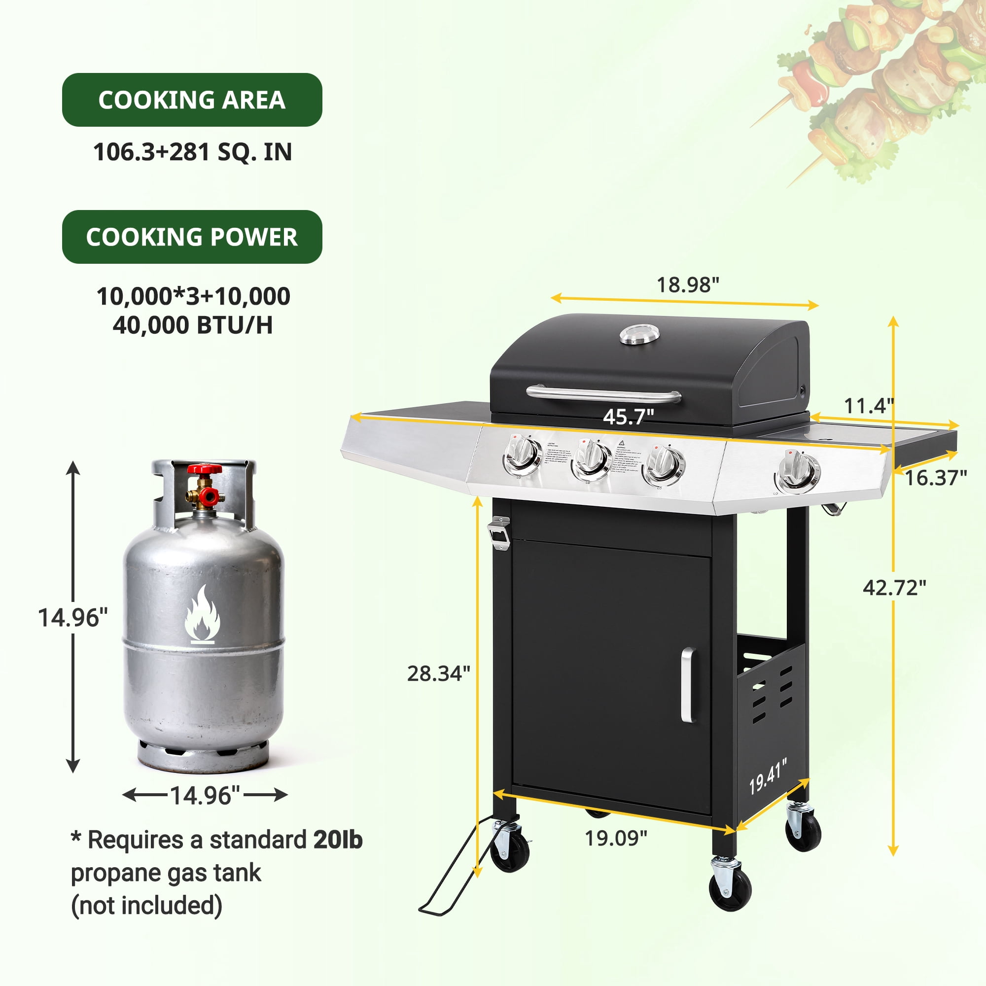 Seizeen 3-Burner Propane Gas Grill with Side Burner and Storage Cabinet (Black, 40,000 BTU) eqsts