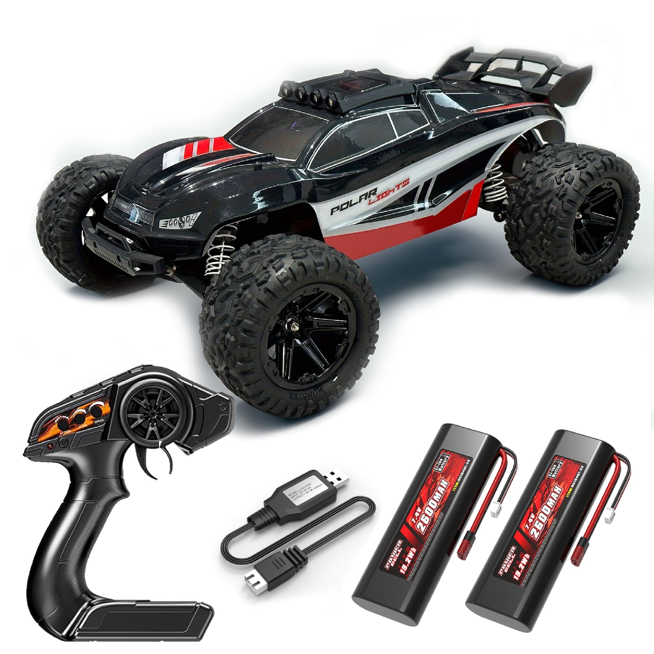 Flypear 1:8 Scale High Speed RC Monster Truck, All-Terrain Remote Control Off-Road Hobby Vehicle (Black, 2 Batteries) iyg2o