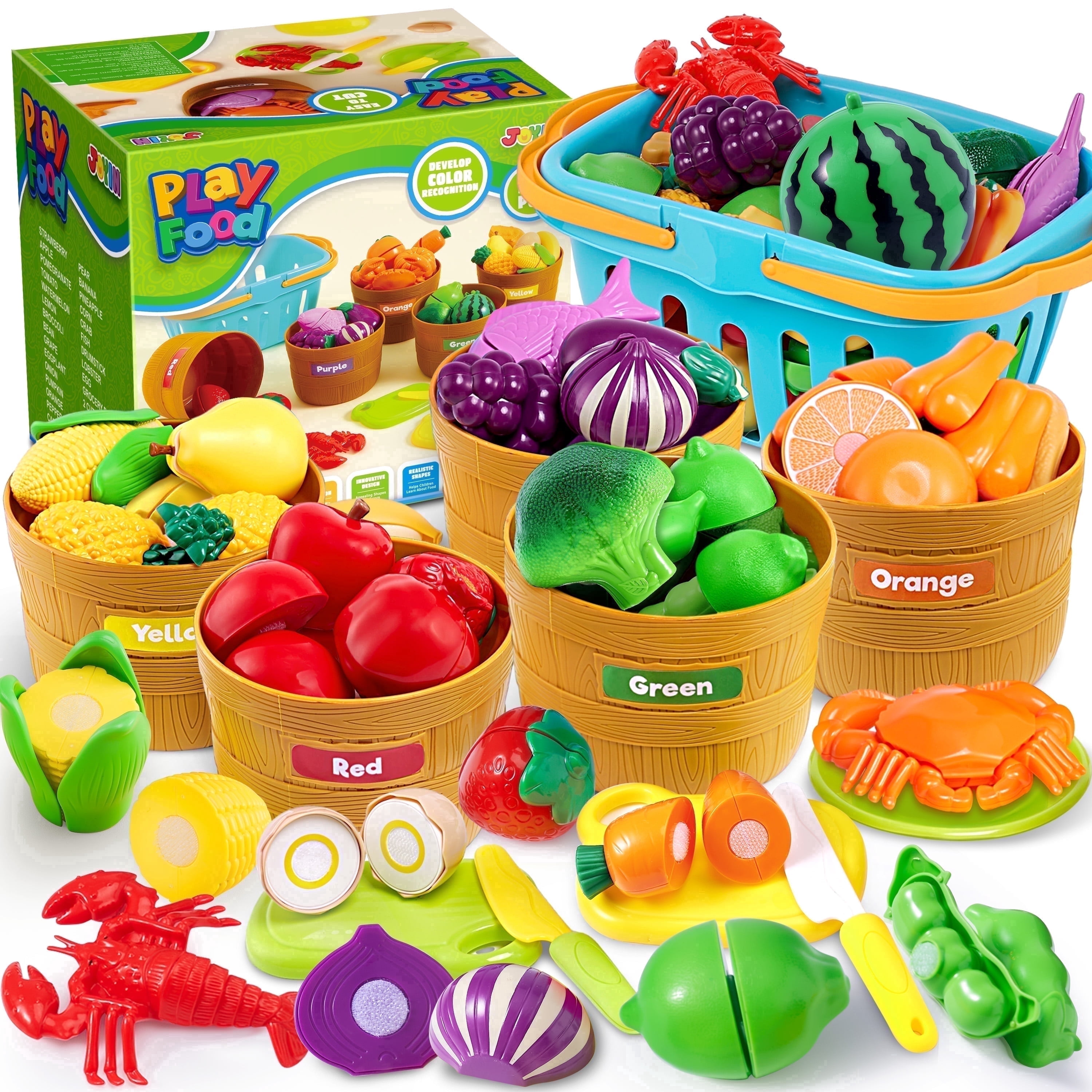 Joyfy 69-Piece Pretend Play Food Set for Kitchen, Educational Color Sorting & Cutting Toy (69 Pieces) angv4