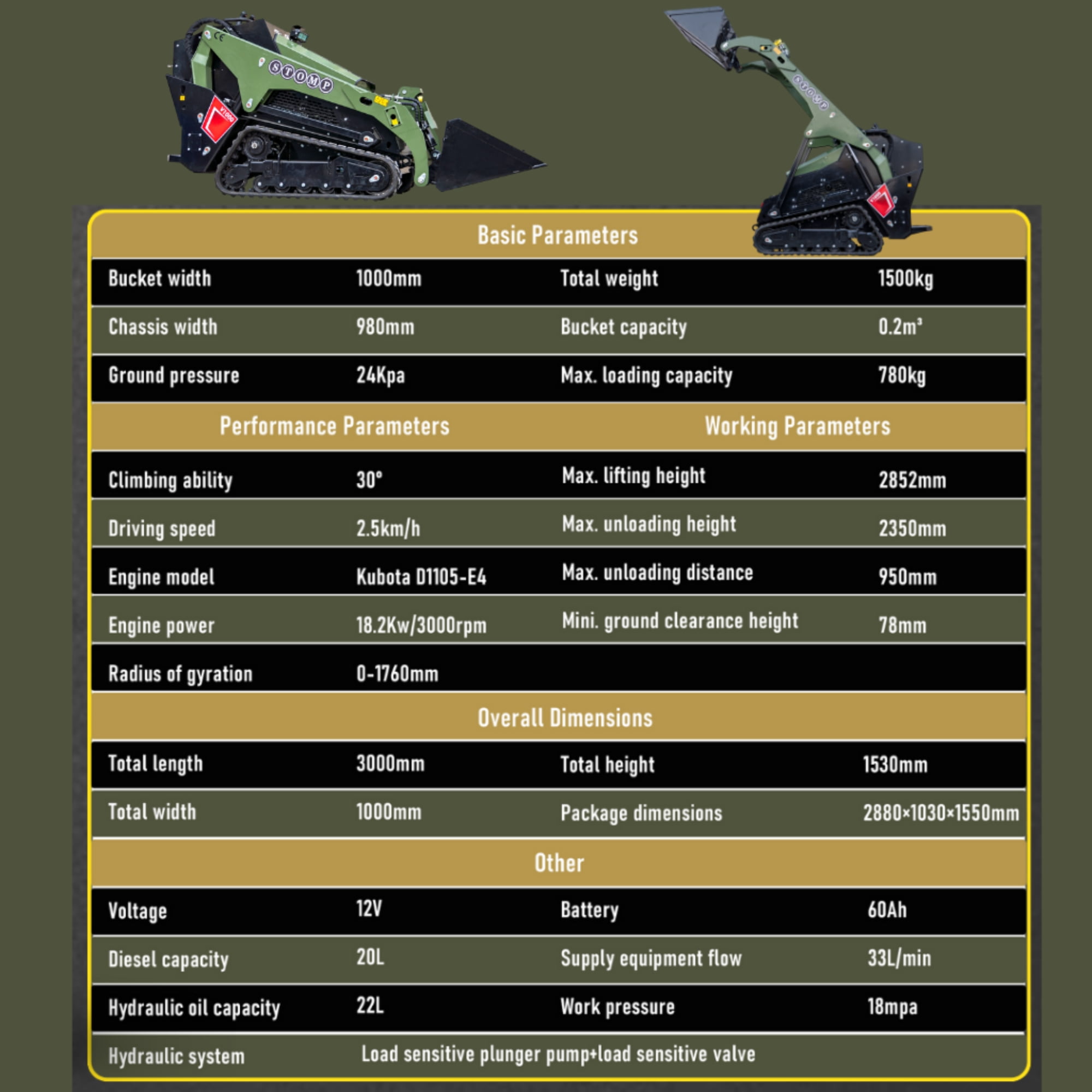 TYPHON STOMP V1000 Diesel Skid Steer Loader (Green, 1.5 Ton) znrn3