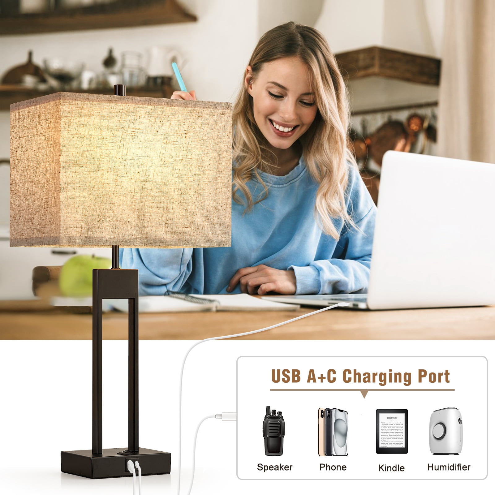 NATYSWAN Modern Table Lamps Set of 2, USB A+C Charging Ports, 3-Color Temperature LED, Fabric Shade (Black, 2 Pack) voyz6